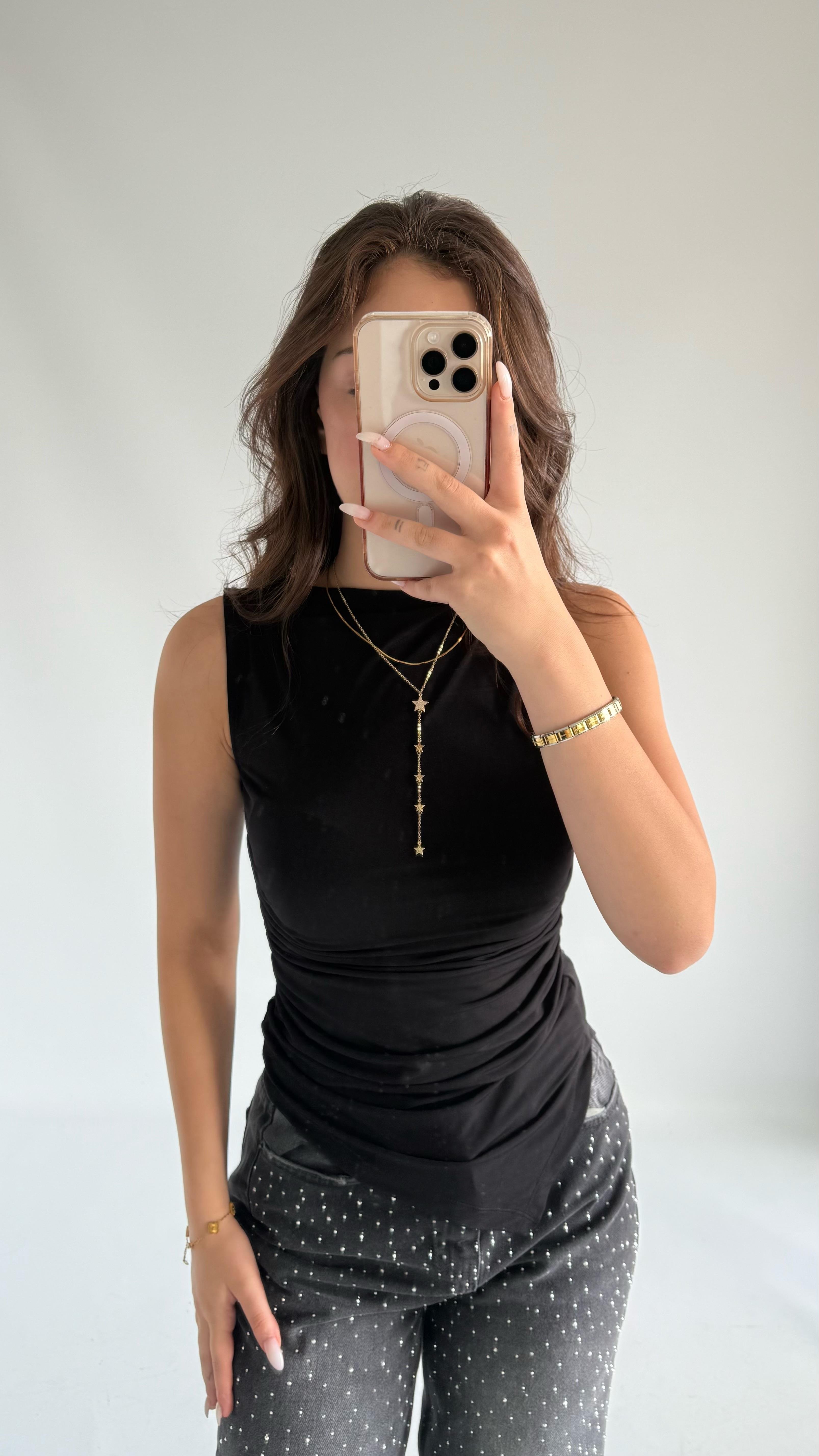July Sıfır Kol Drape Asimetrik Bluz Siyah