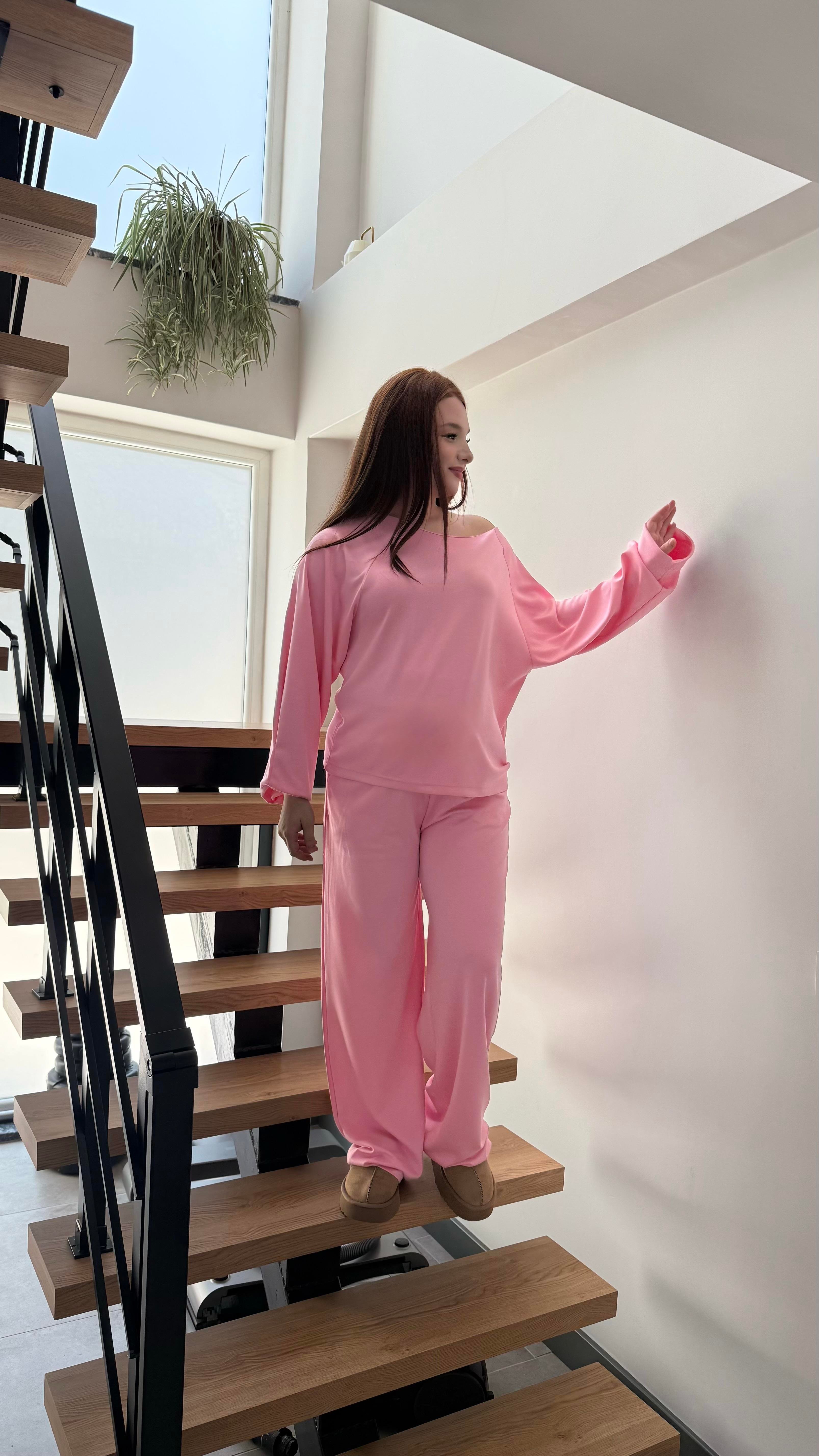 Kayık Yaka Modal Takım Pembe