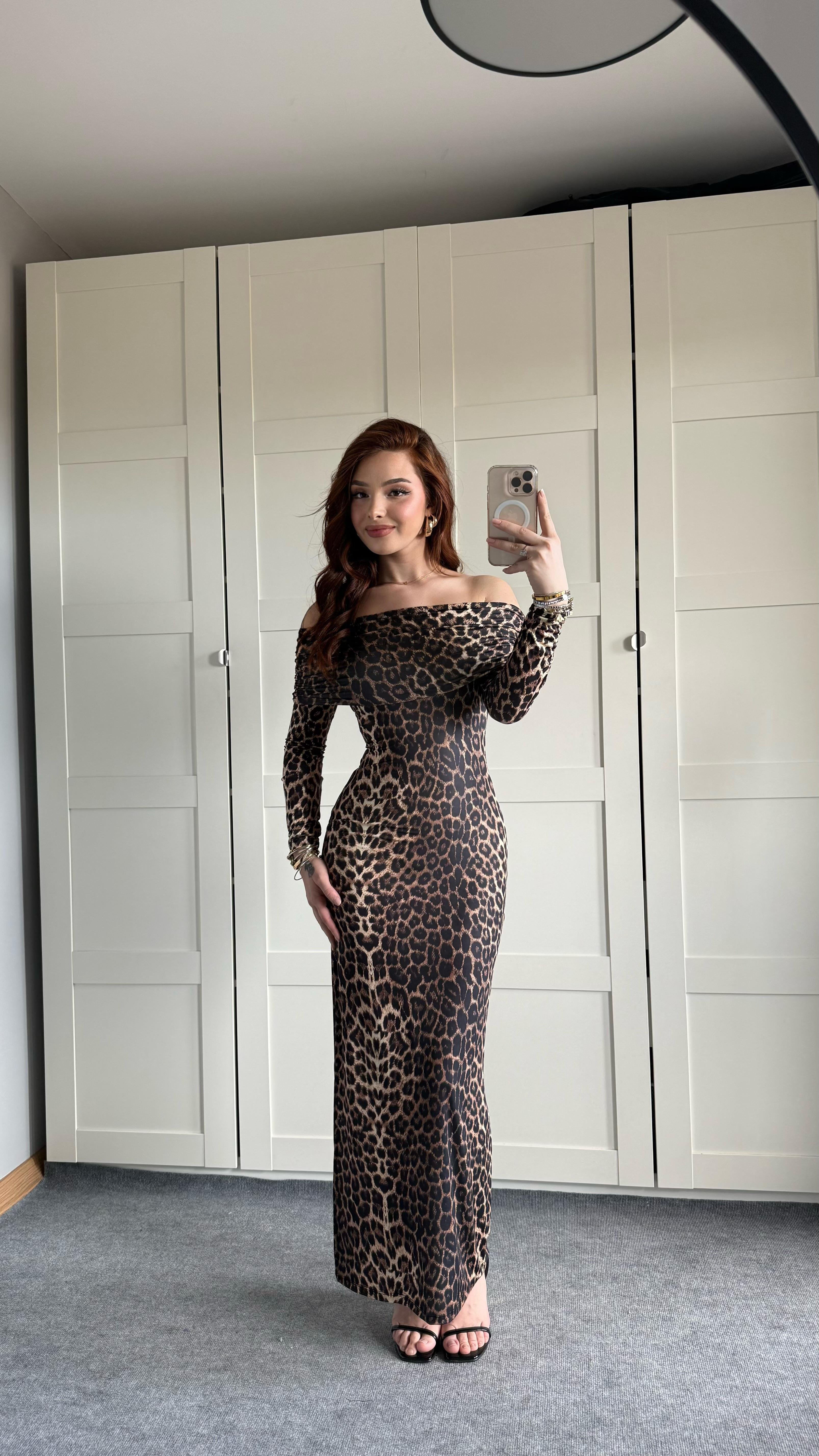 Leila Madonna Yaka Uzun Elbise Leopar