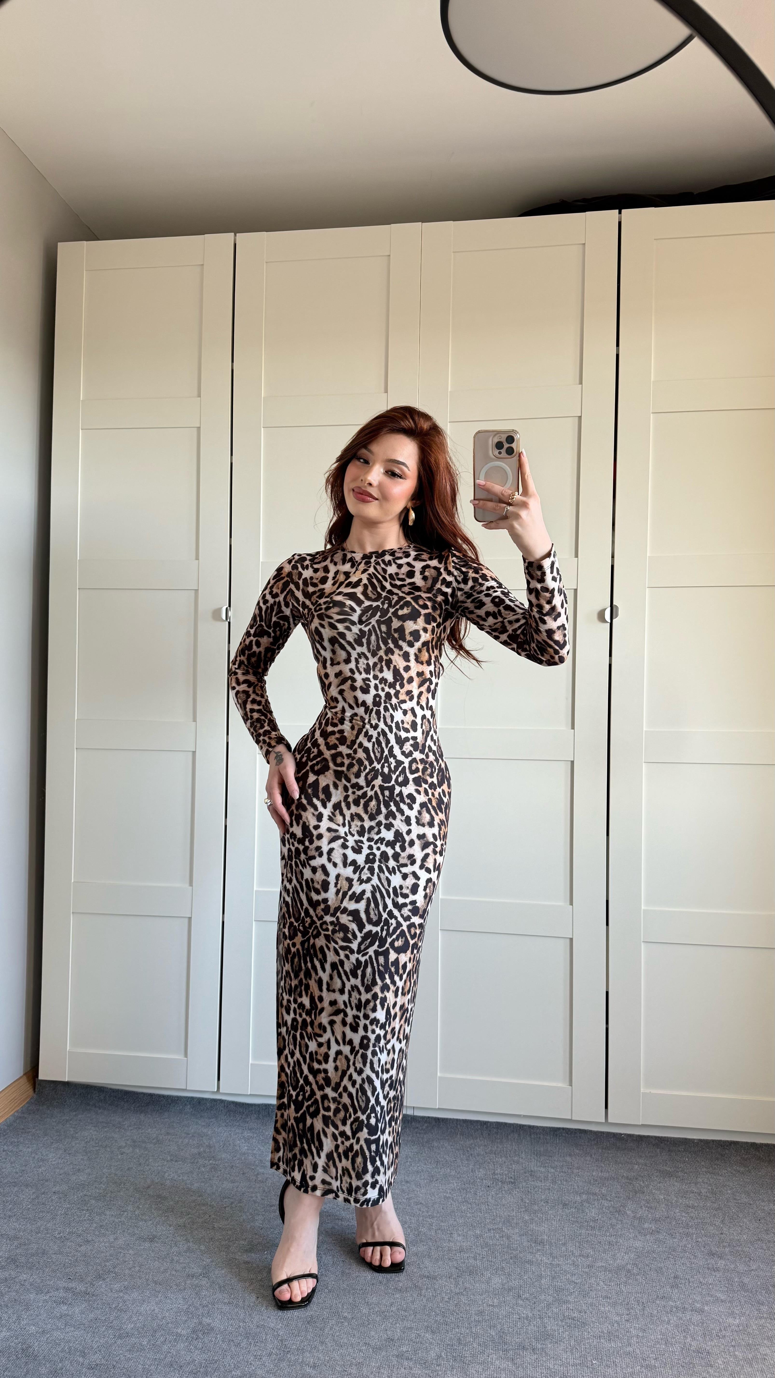 Leopar Basıc Yırtmaçlı Elbise Kahverengi 