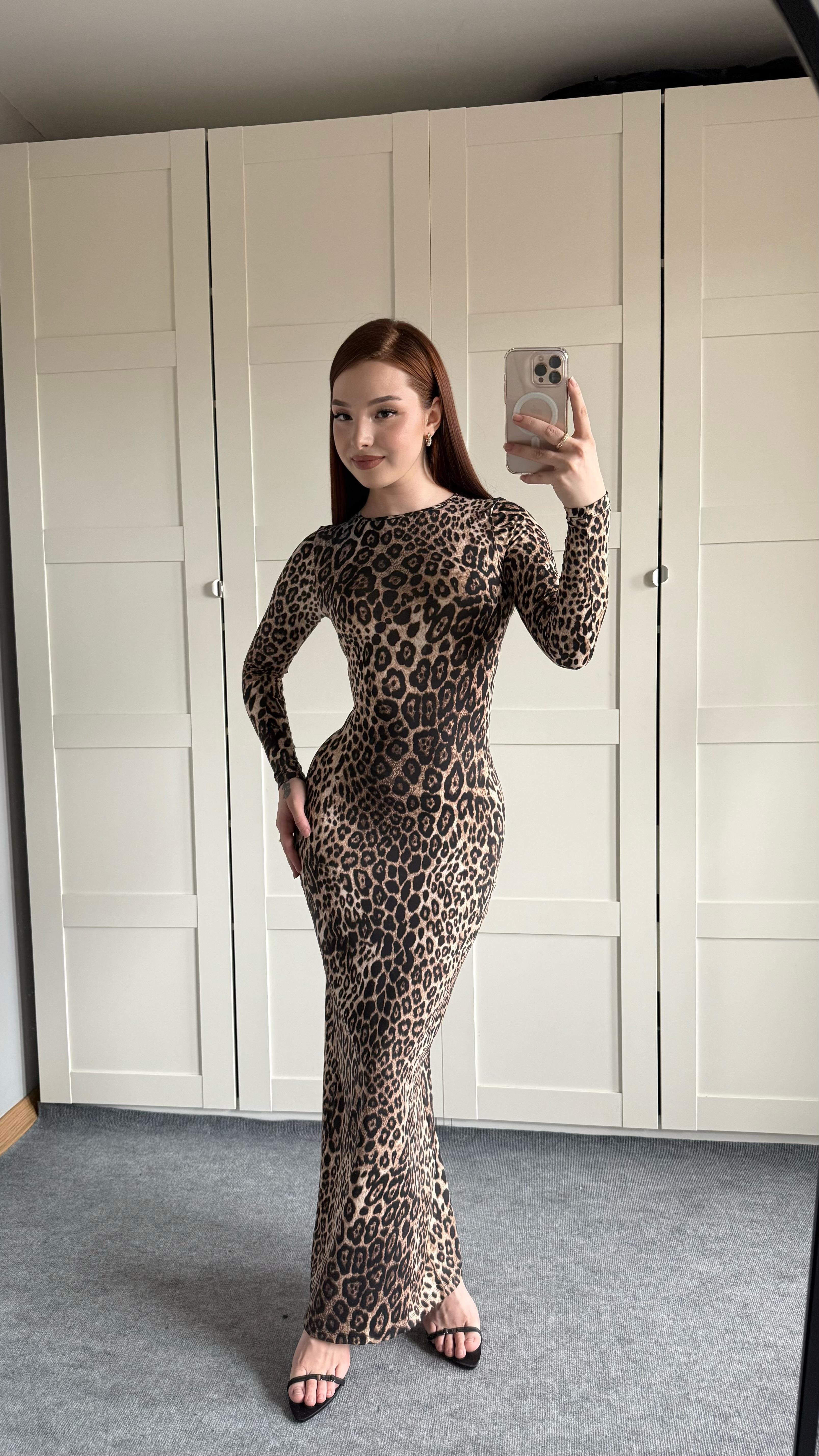 Leopar Maxi Uzun Elbise