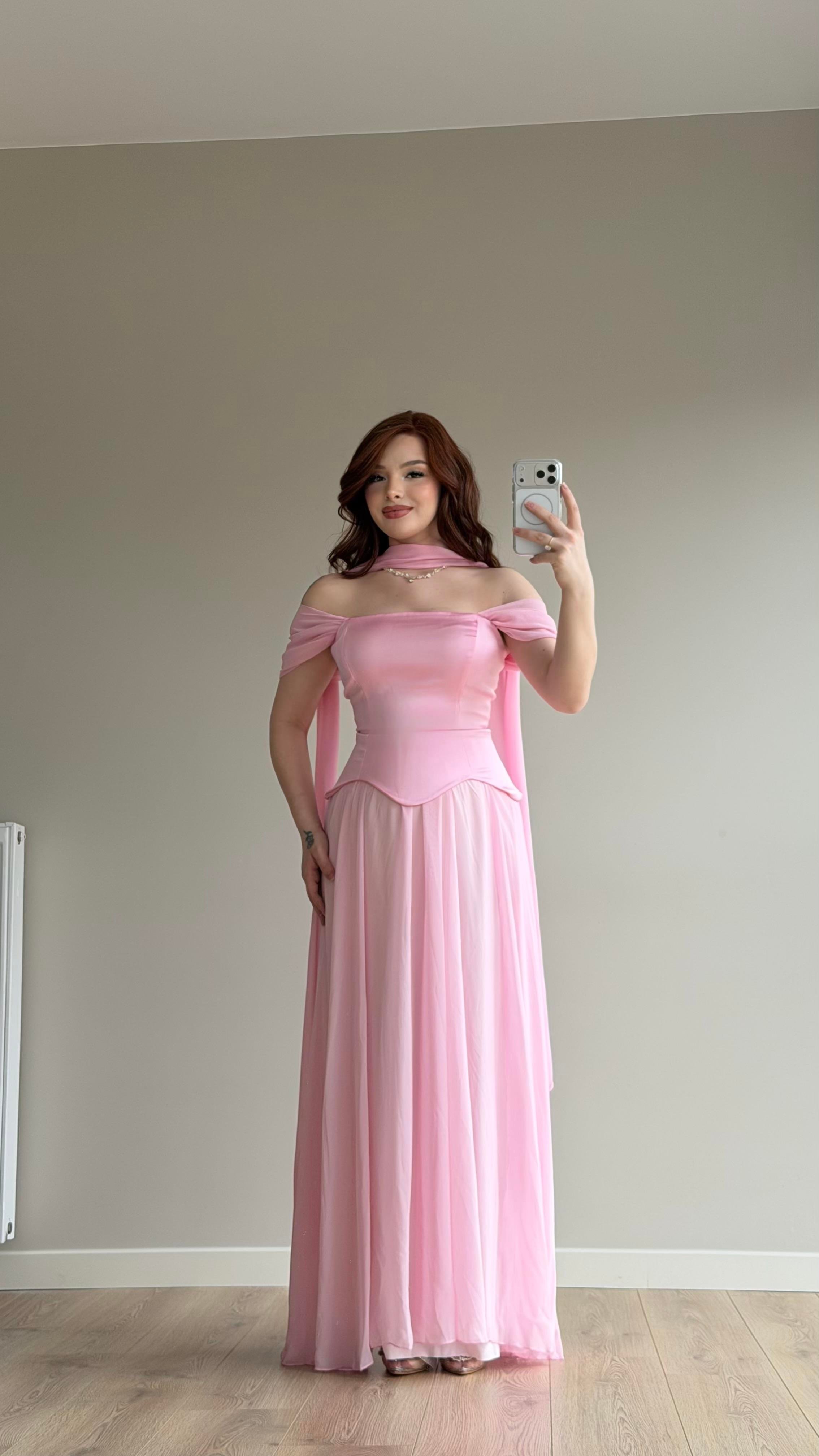Luvia Saten Korseli Fularlı Abiye Pembe