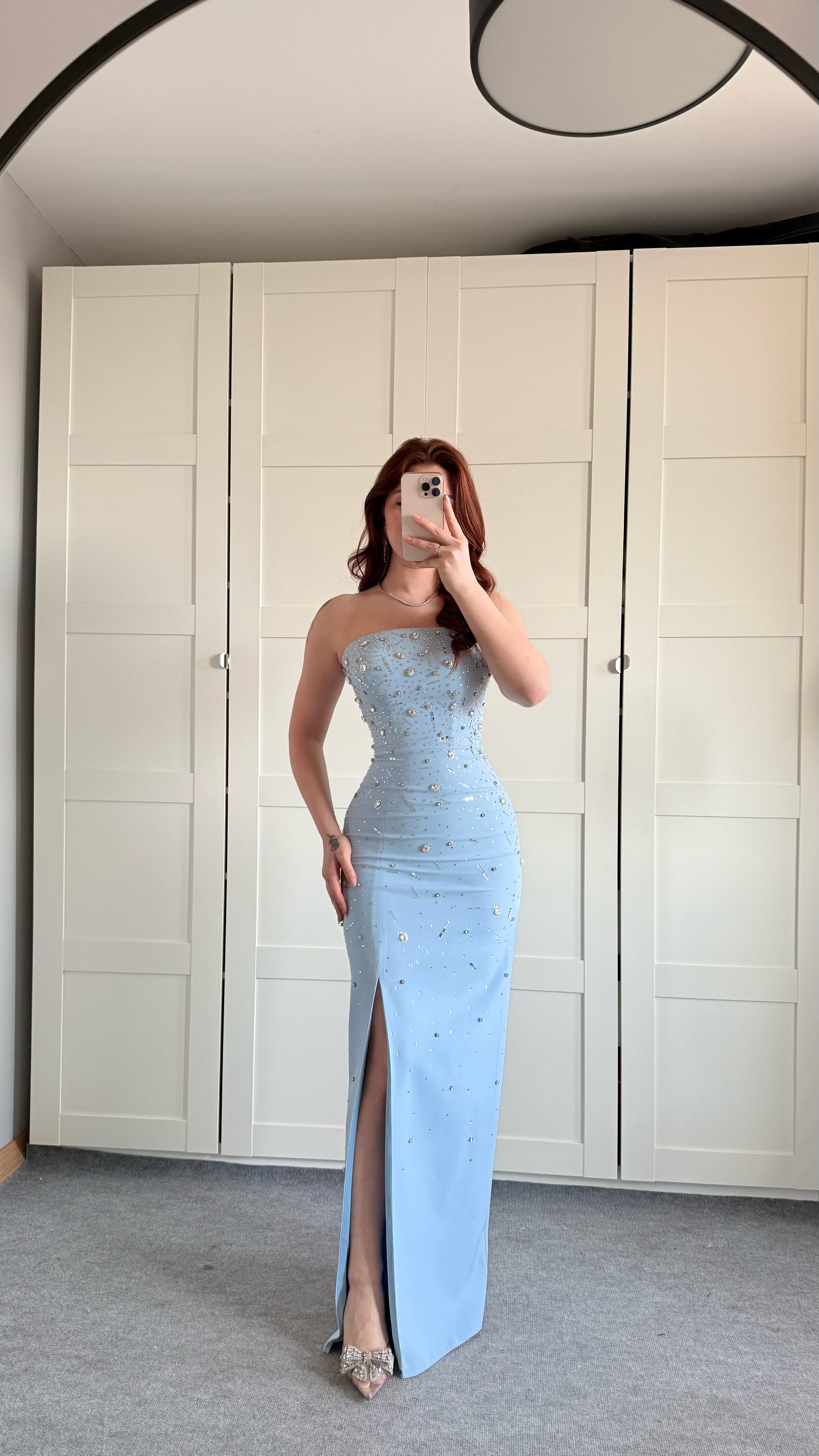 Luxury Straplez Taşlı Abiye Bebe Mavisi