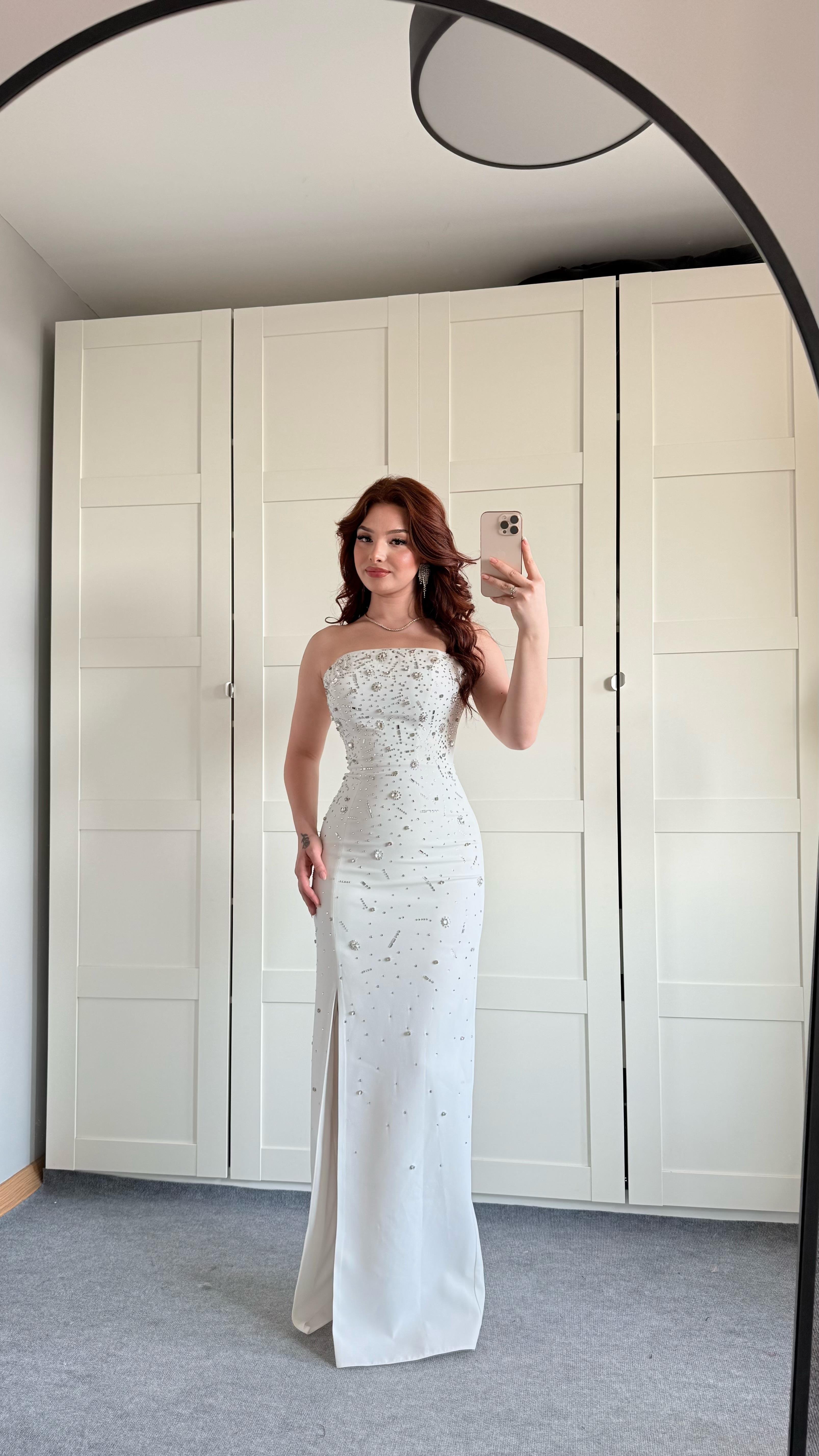 Luxury Straplez Taşlı Abiye Beyaz