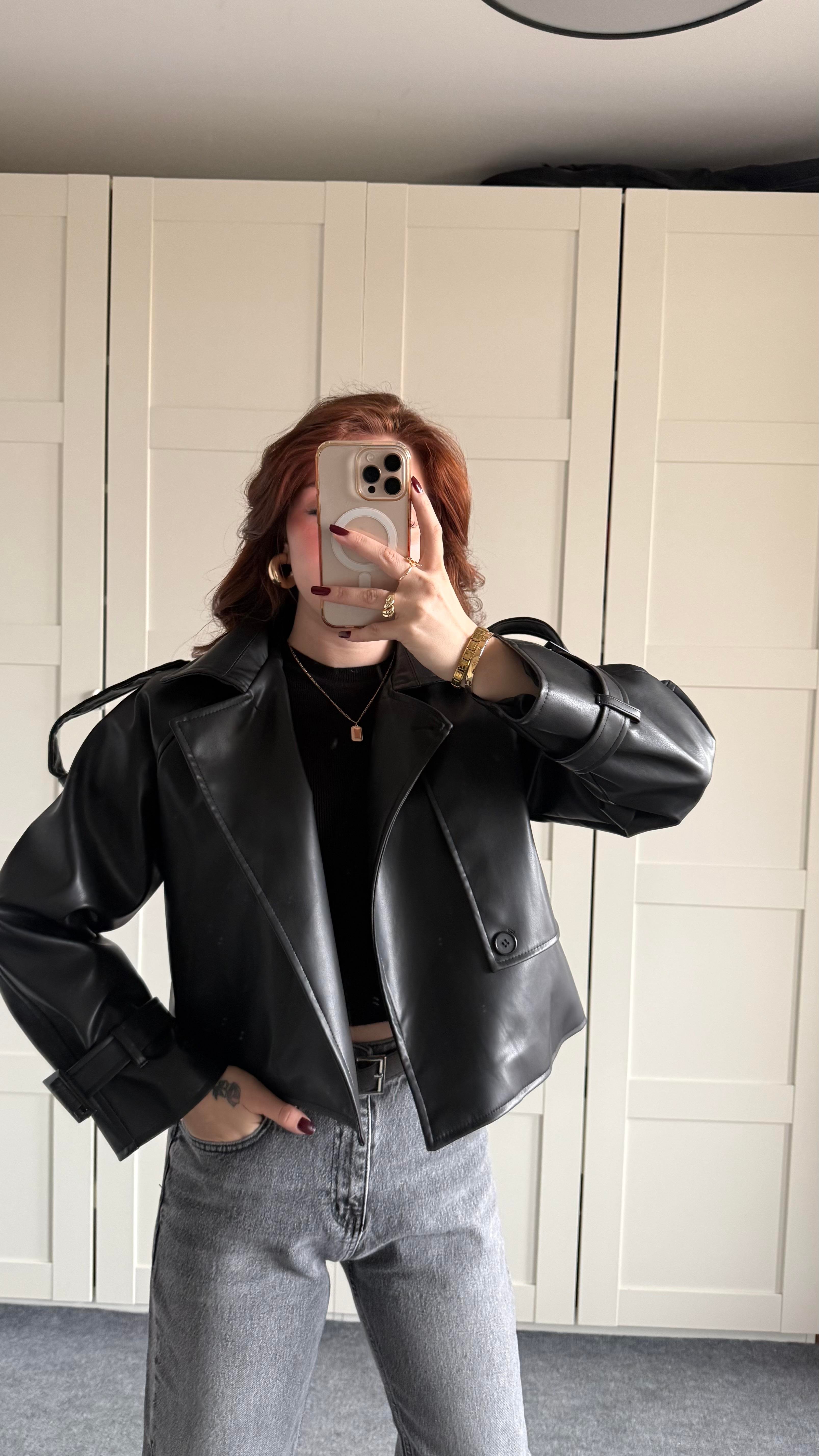 Massi Crop Biker Ceket Siyah