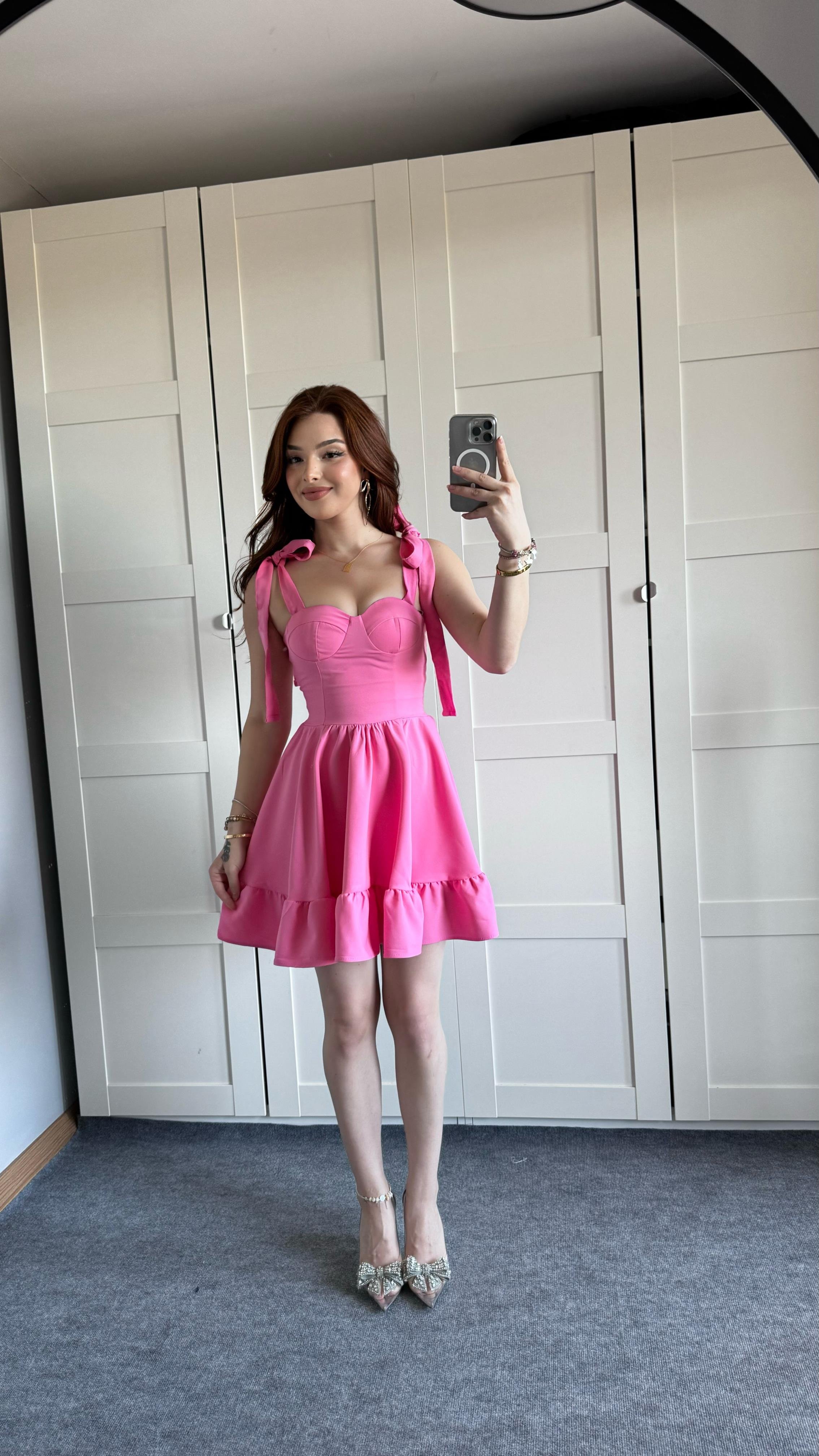 Meri Pembe Omuz Bağlamalı Mini Elbise
