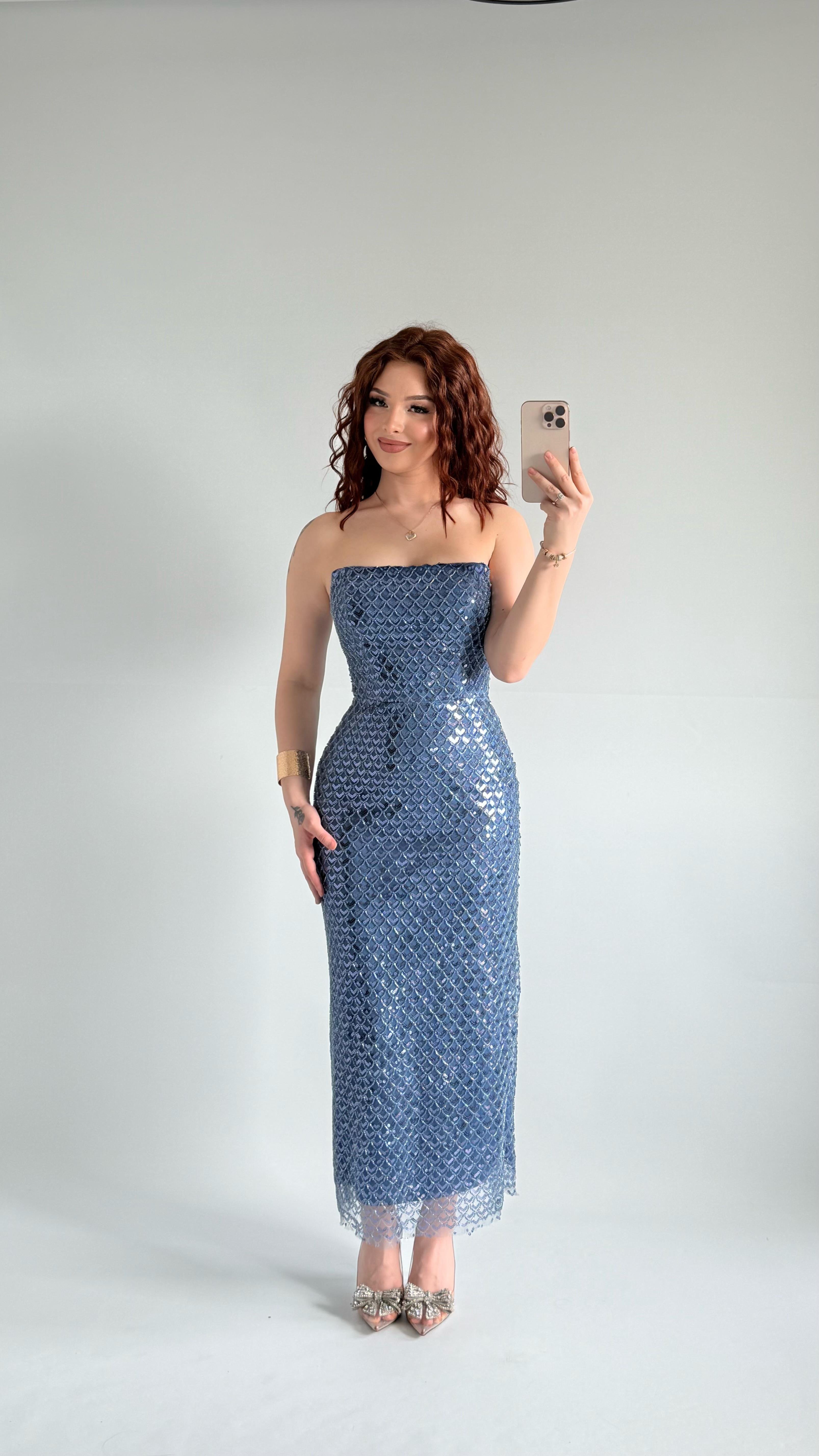 Mermaid Midi Straplez Abiye İndigo