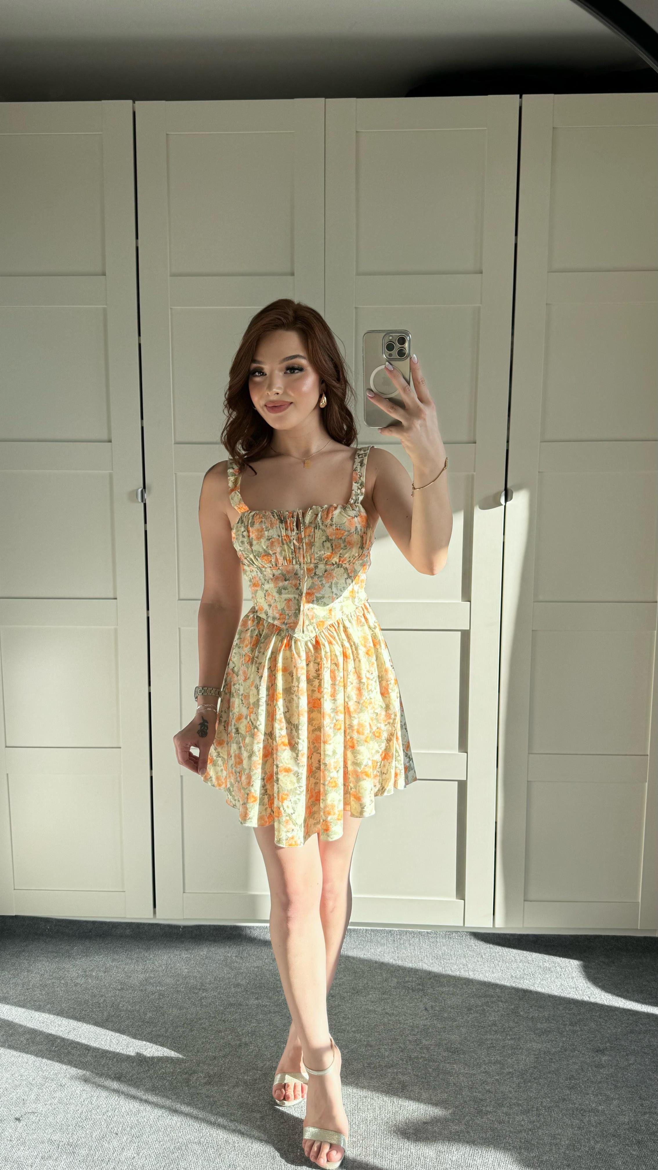 Mini Çiçekli Korse Turuncu Elbise
