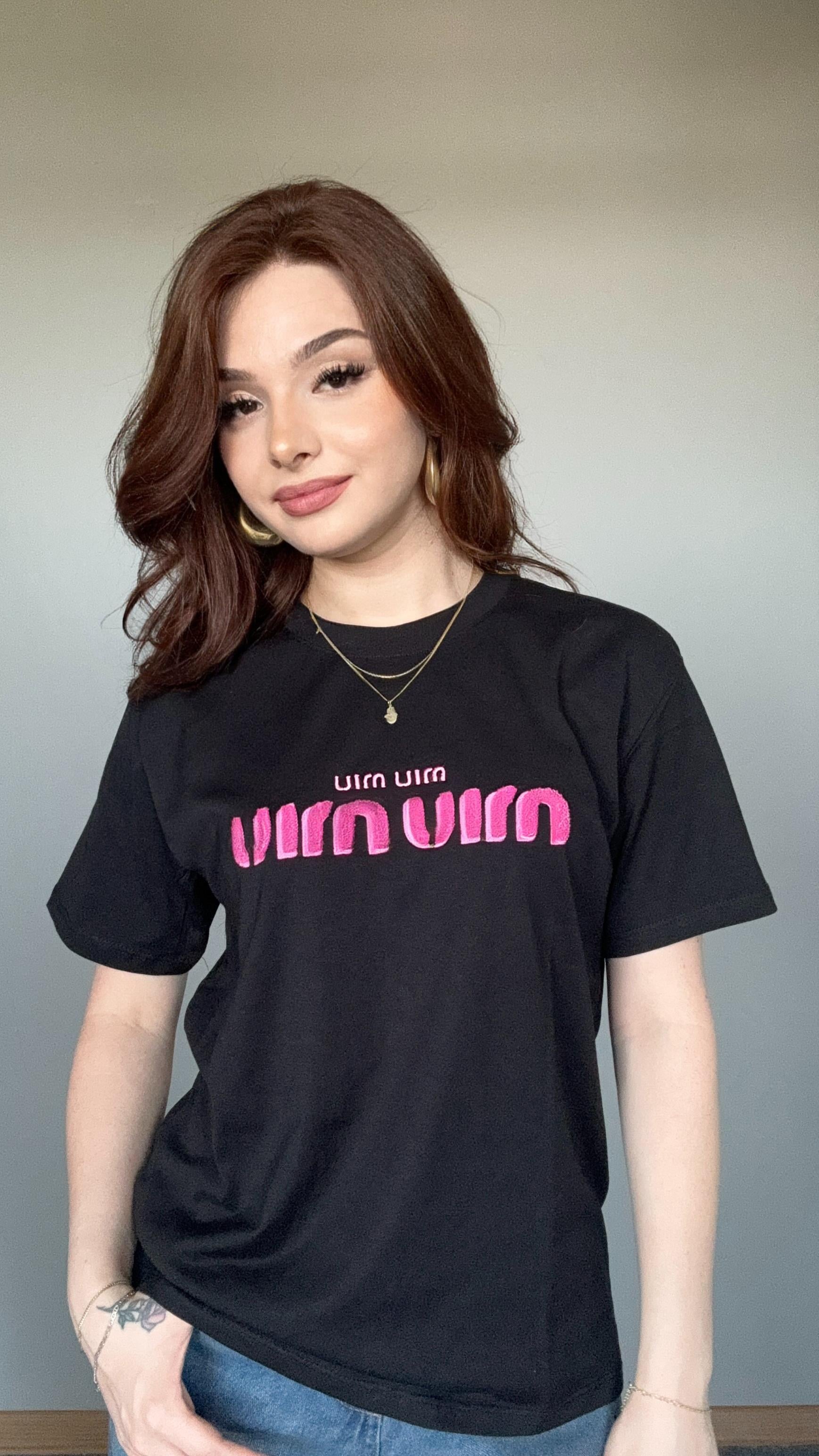 Miu Miu pembe Baskı Siyah Tişört