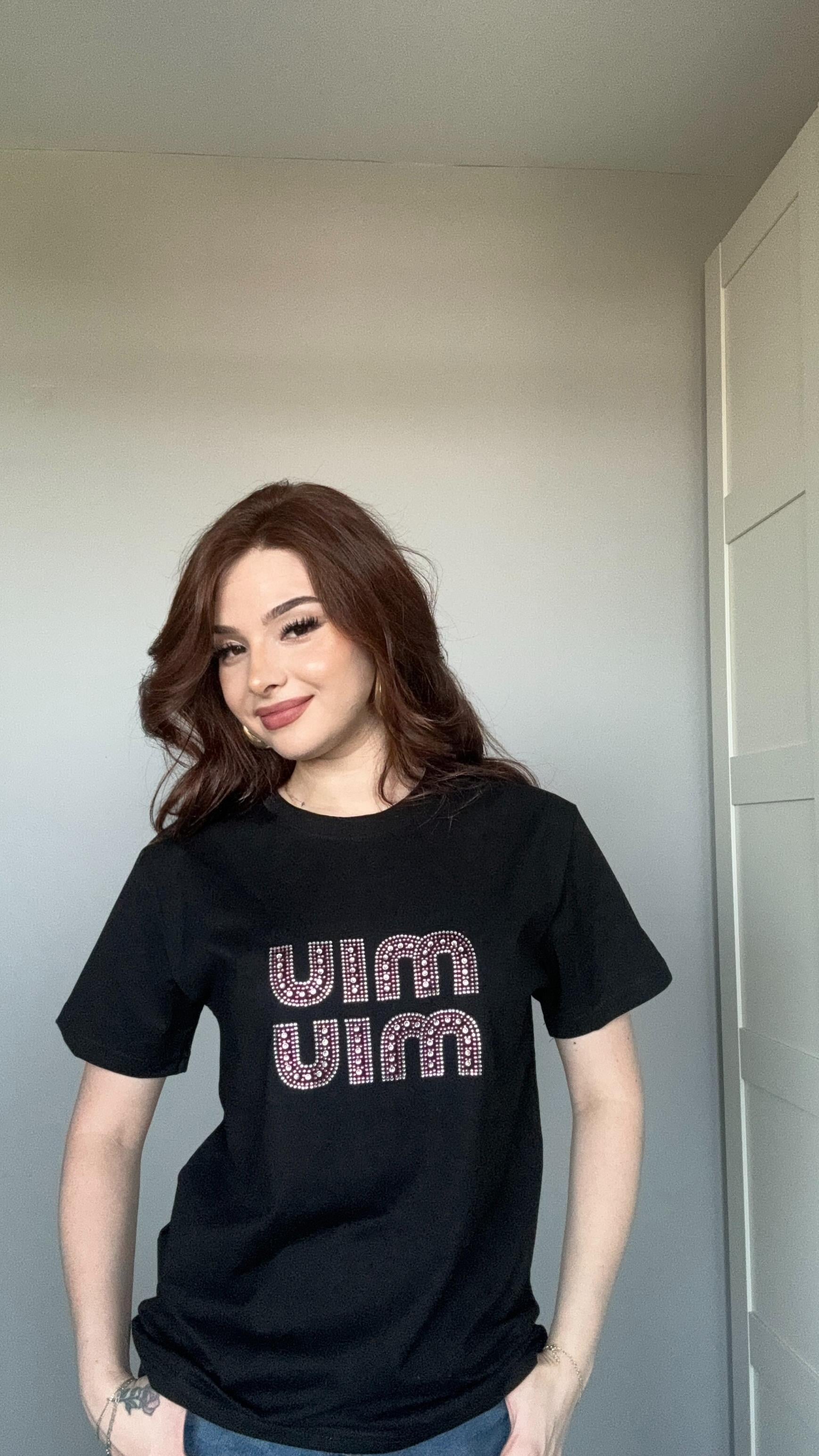 Miu Miu Pembe Taşlı Siyah Tişört