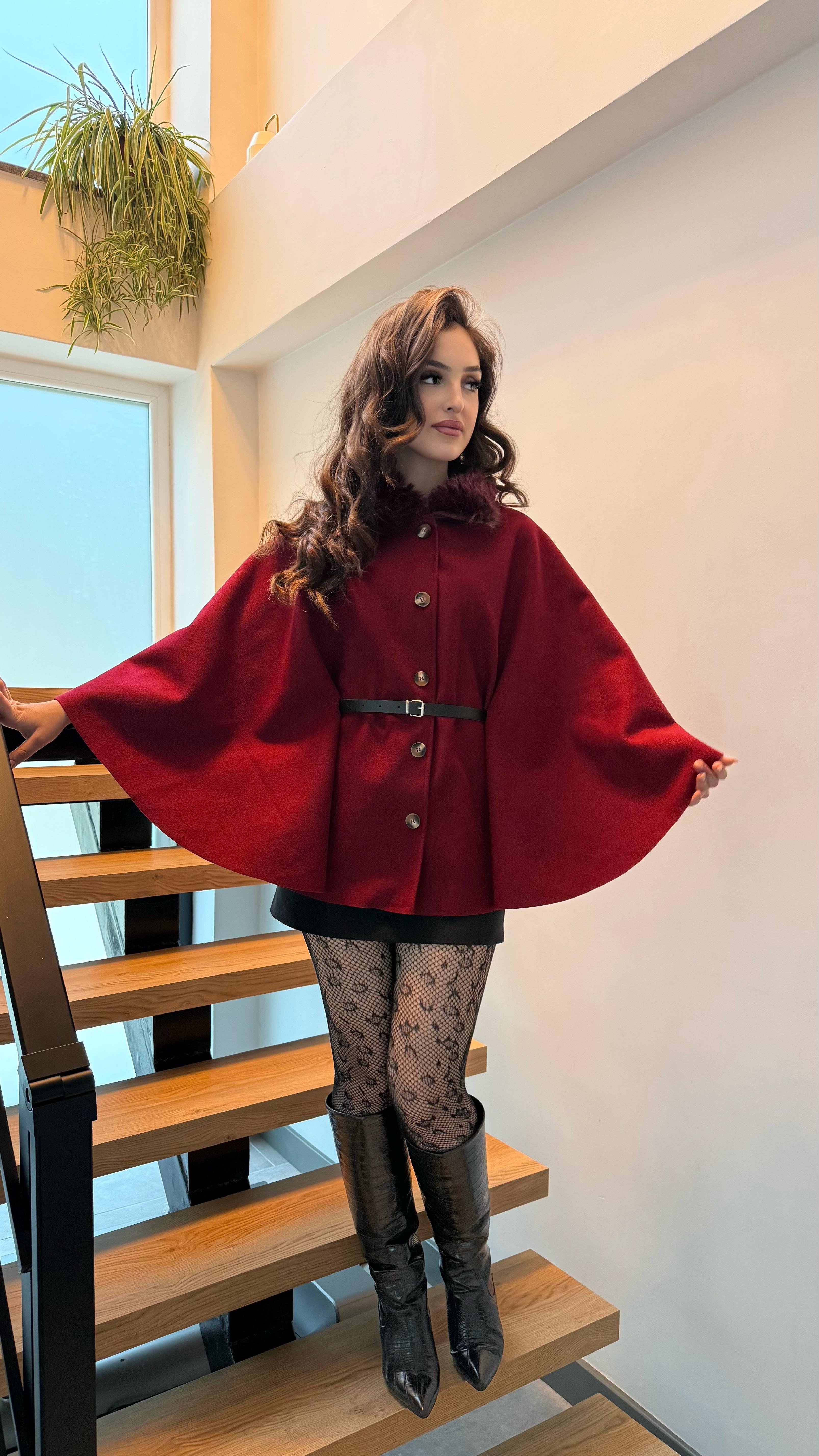 Önden Düğmeli Kürk Yaka Panço Bordo