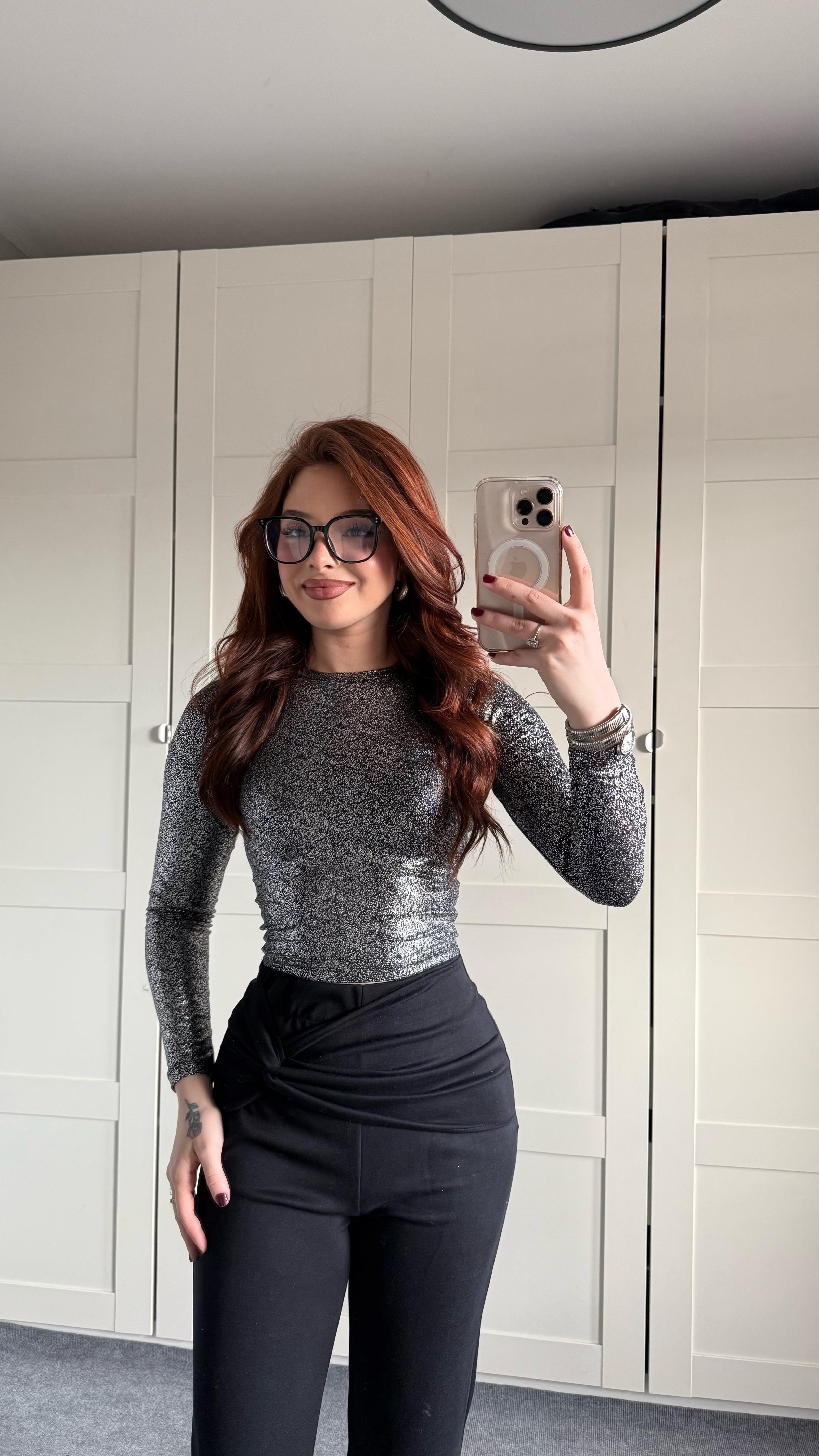 Oysh. Simli Uzun Kol Body Siyah