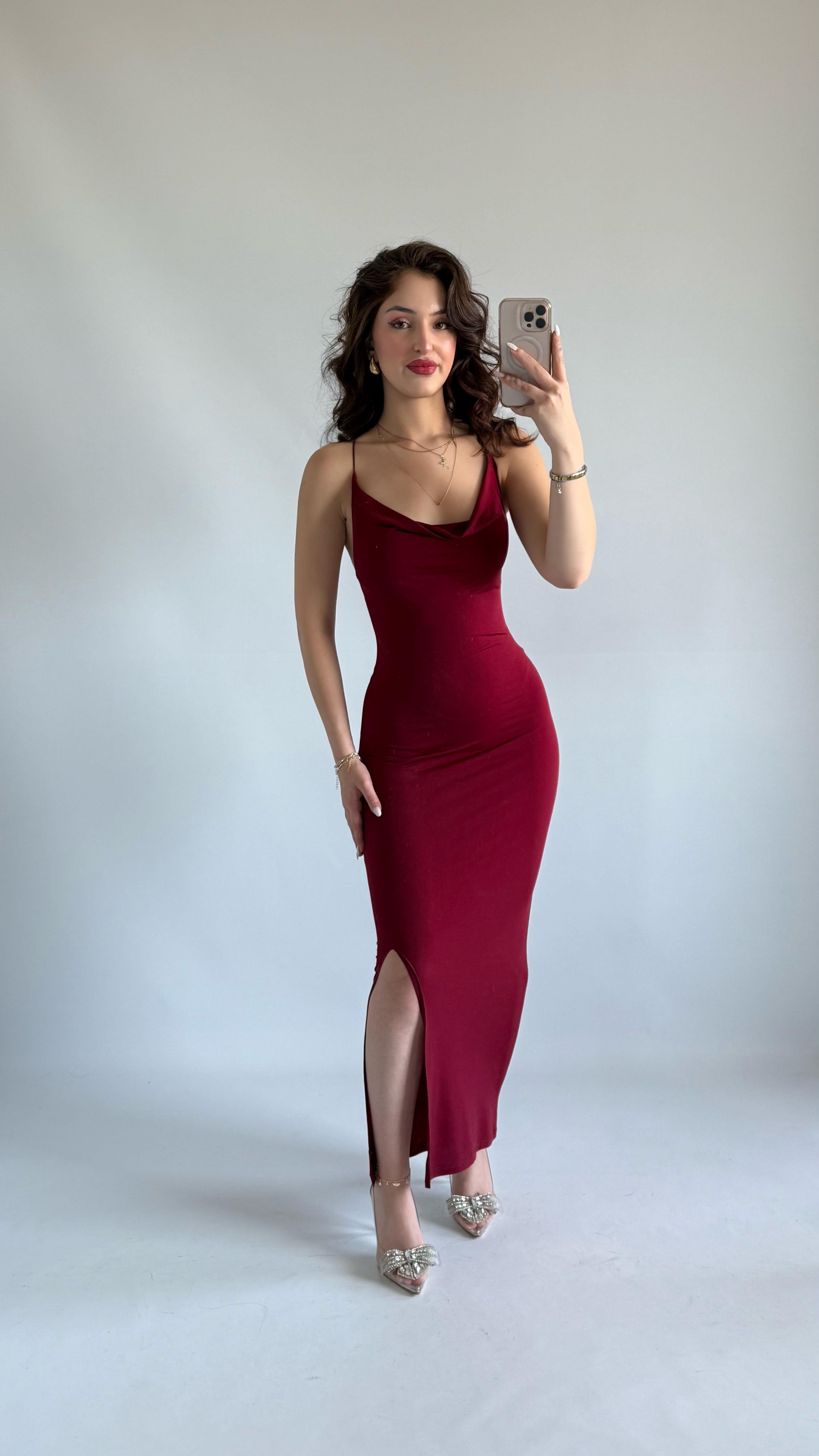 Perla Degaje İp Askılı Elbise Bordo 