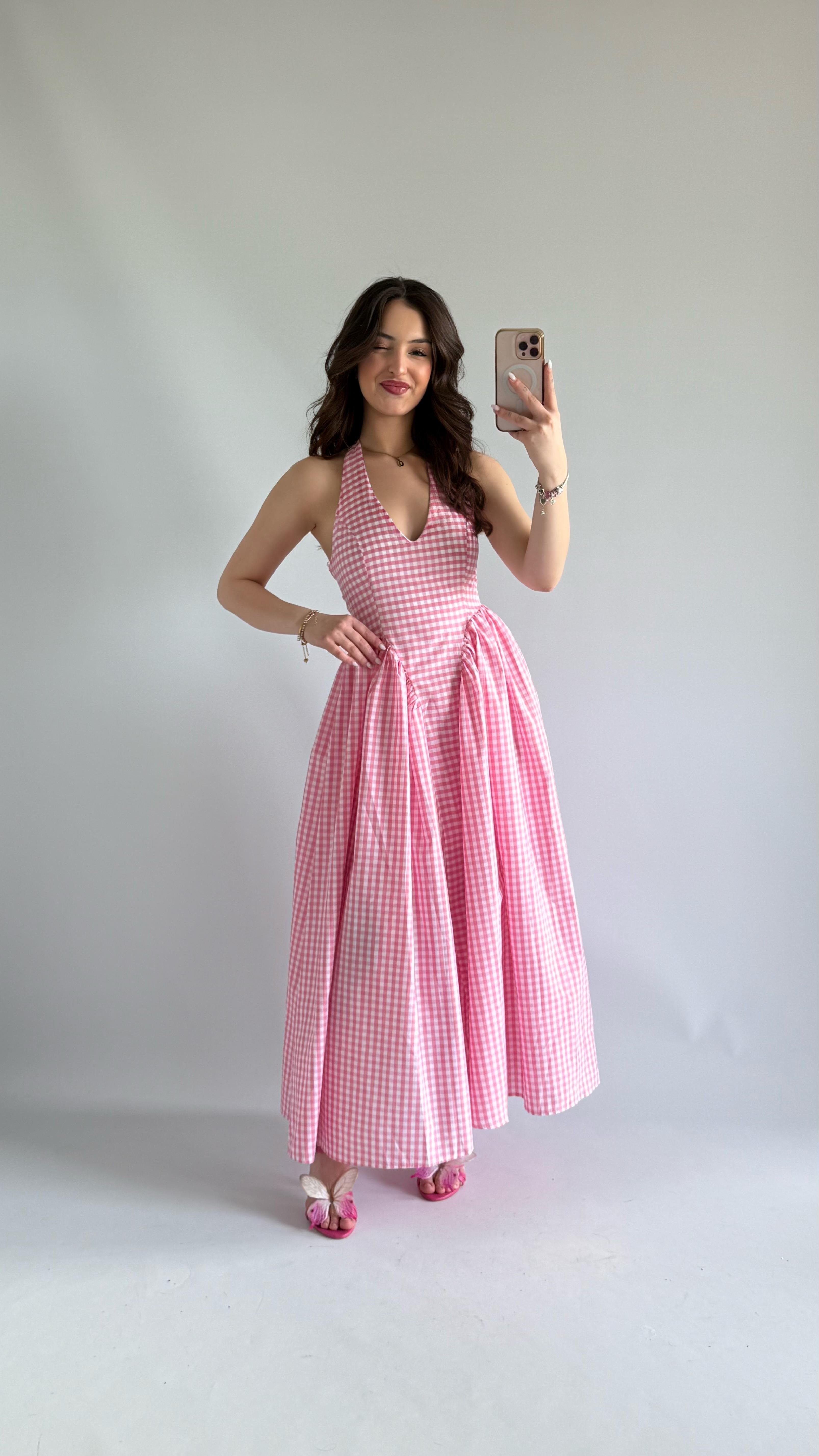 Pöti Kareli Piknik Pembe Elbise