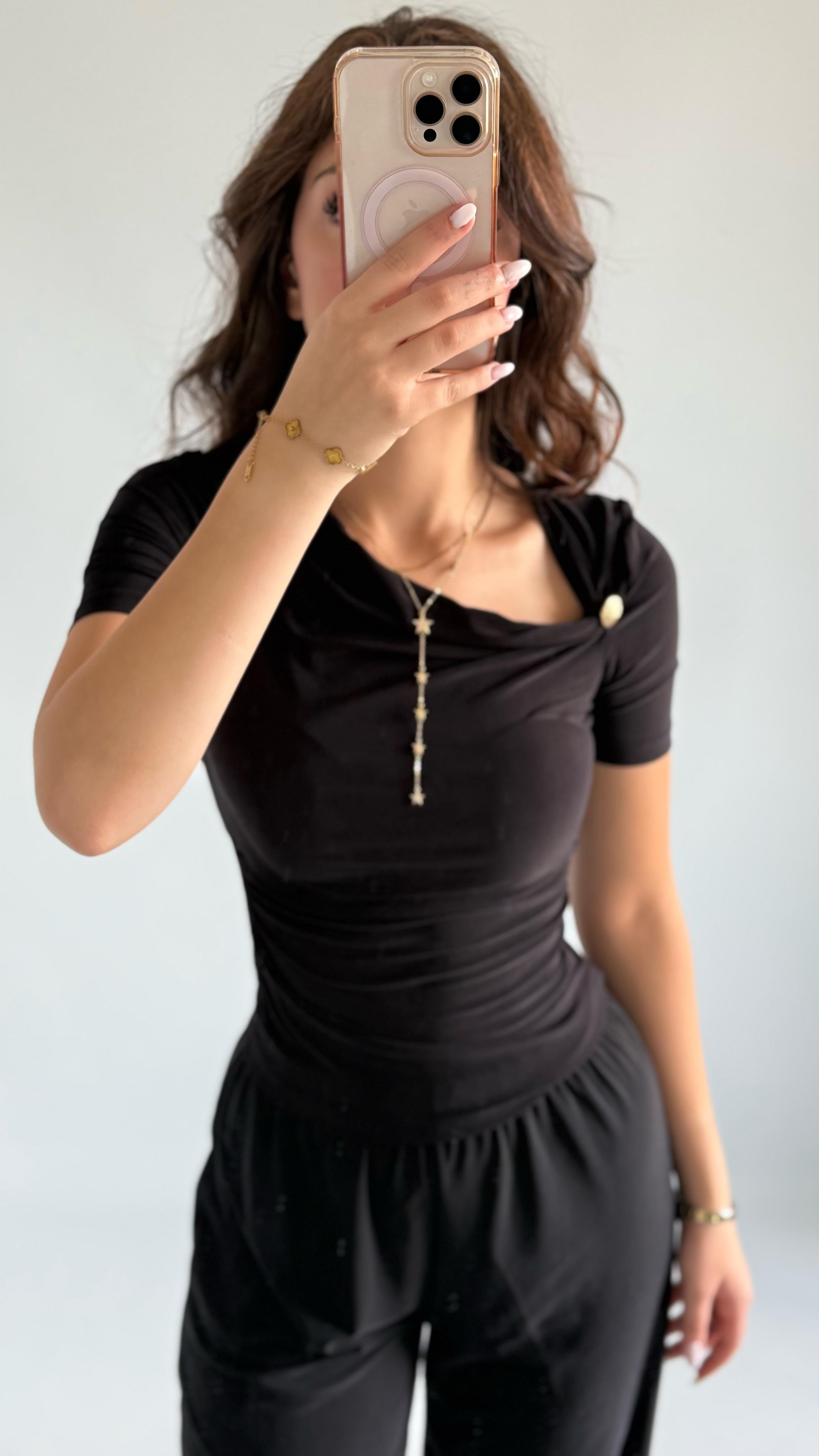 Premium Düğmeli Sandy Bluz Siyah