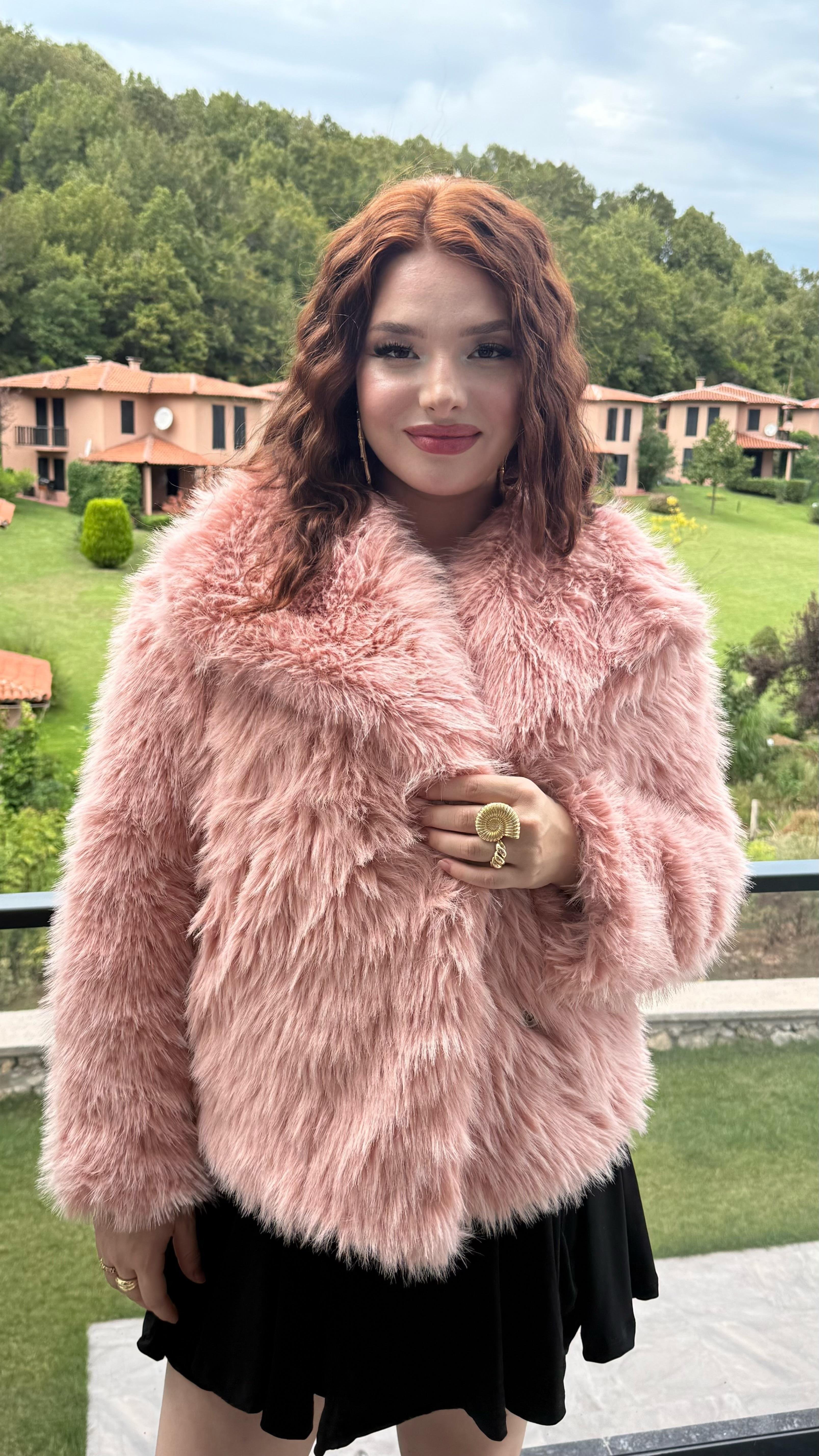 Şal Yaka Oversize Kürk Pembe