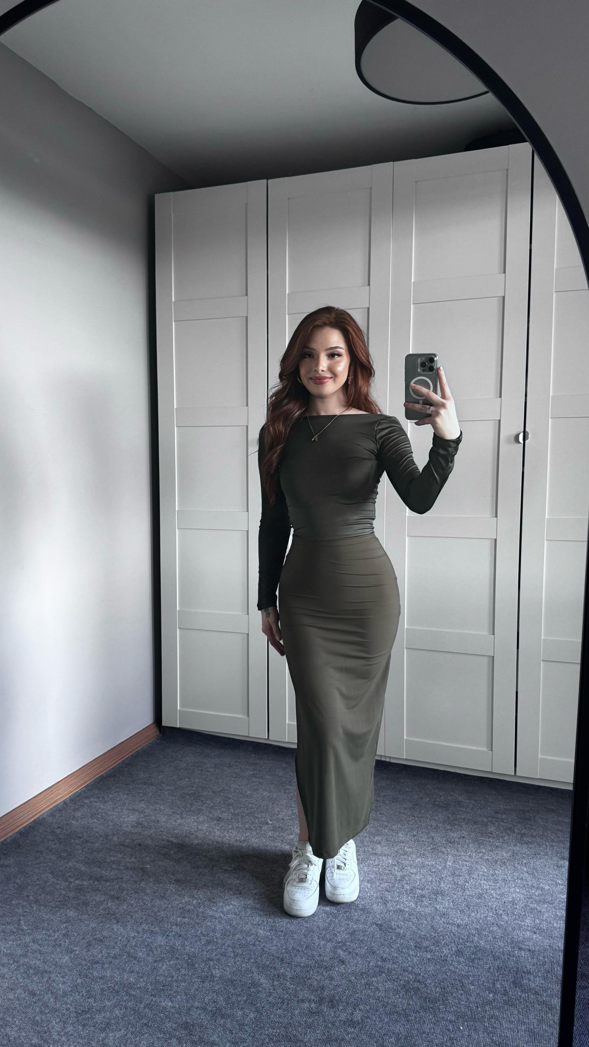 Sandy Streç Yırtmaçlı Haki Yeşil Etek