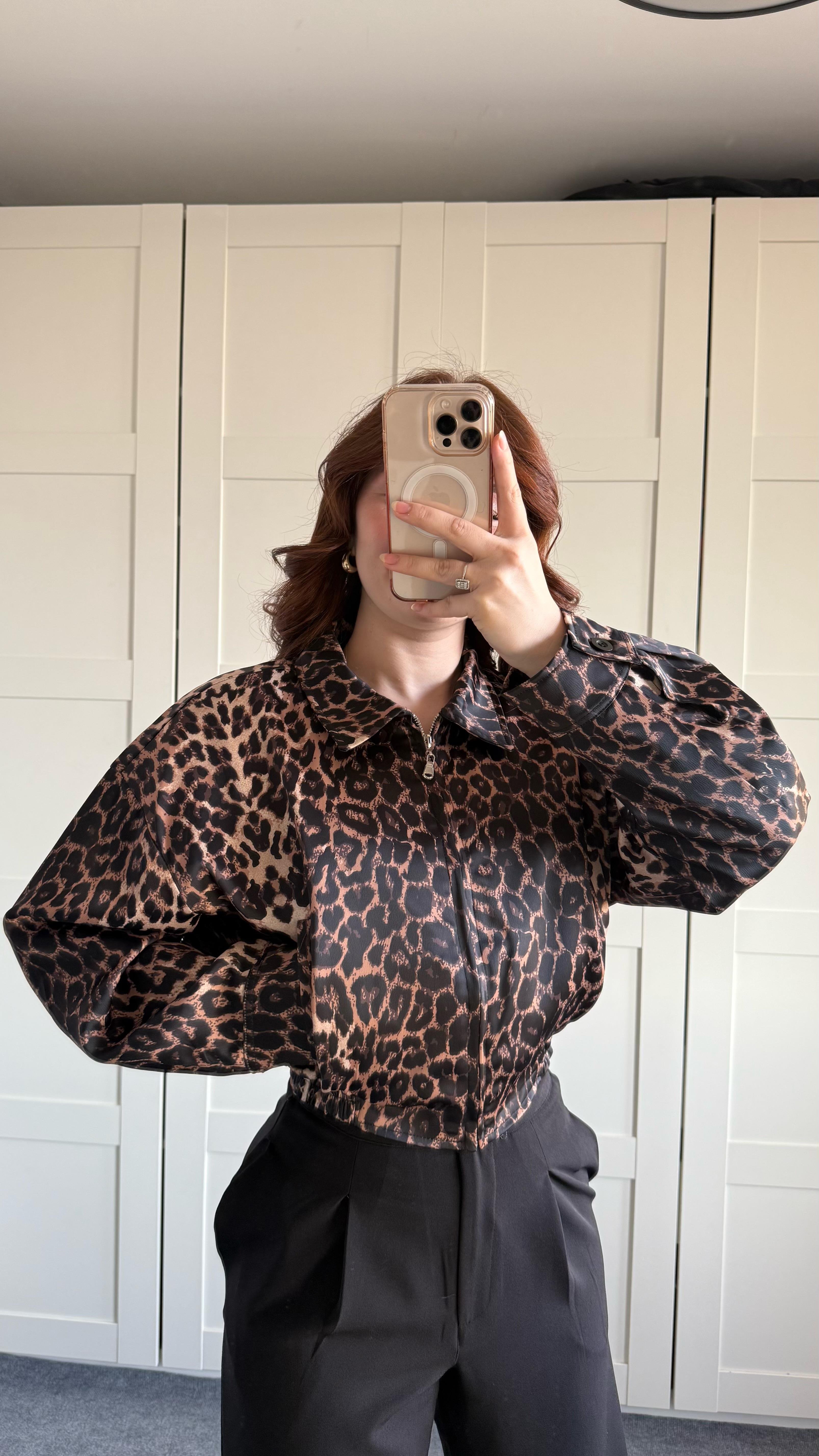Saten Bomber Ceket Leopar 