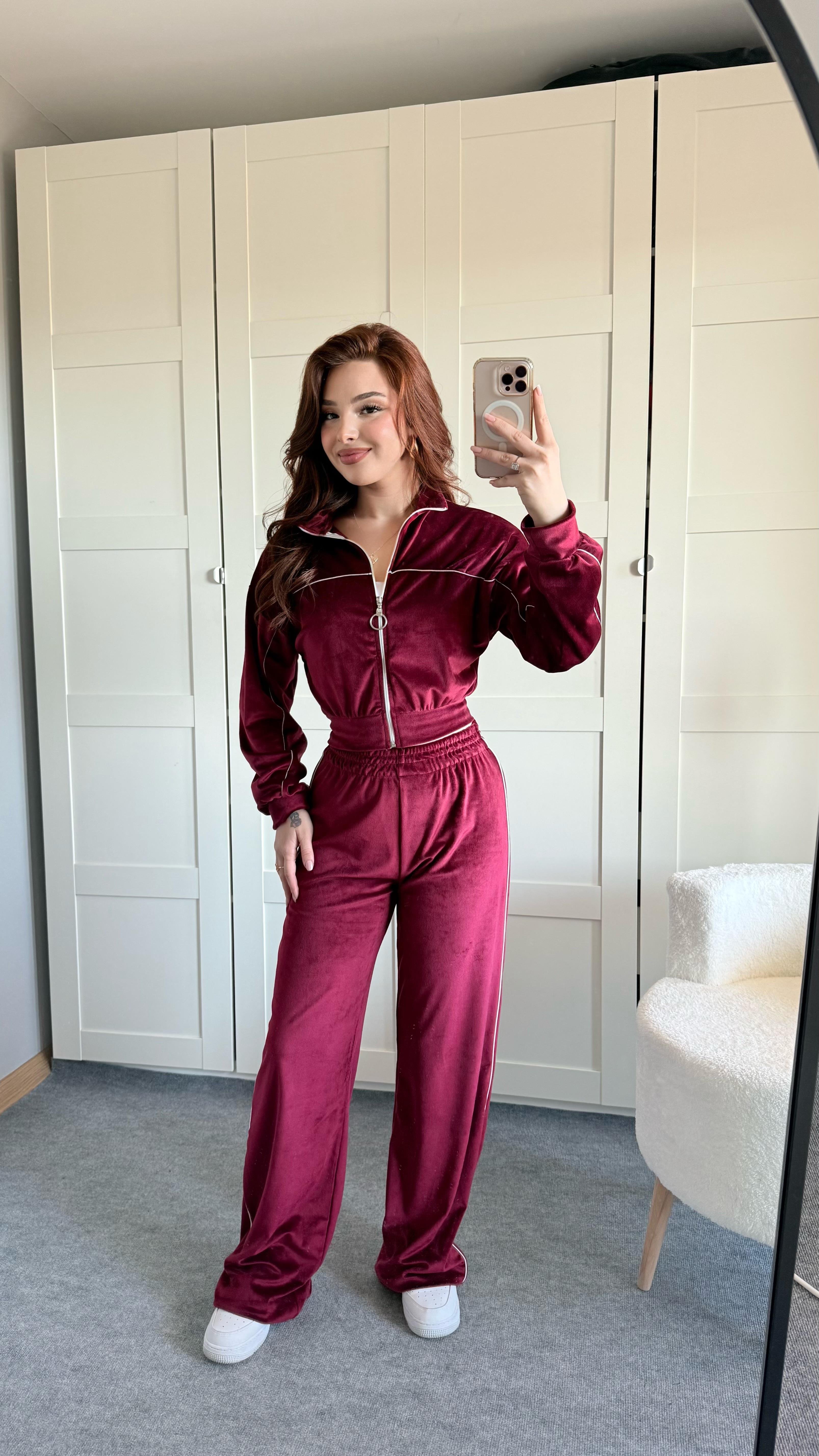 Şeritli Kadife Eşofman Takımı Bordo