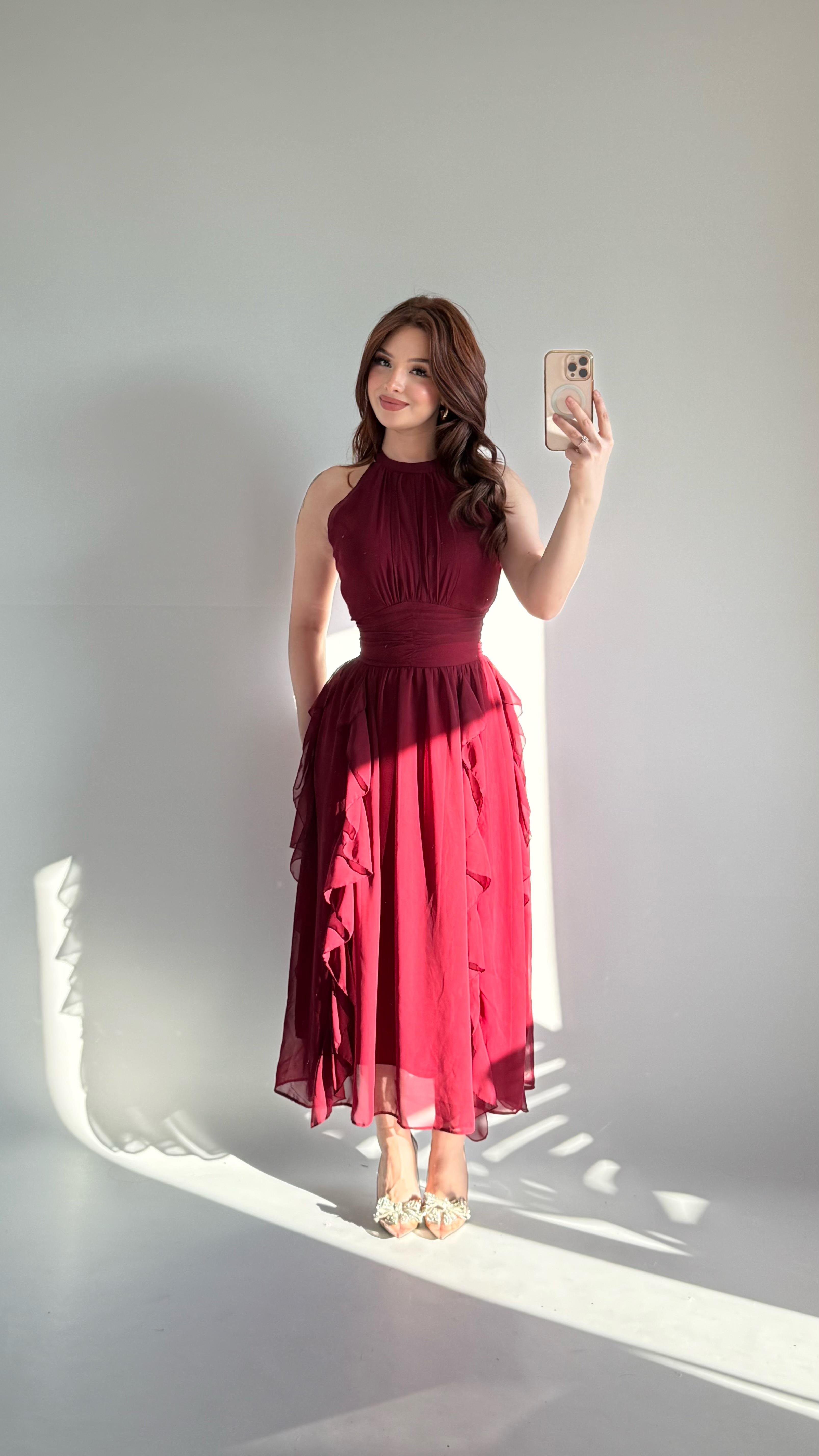 Şifon Drape Yaka Fırfırlı Elbise Bordo