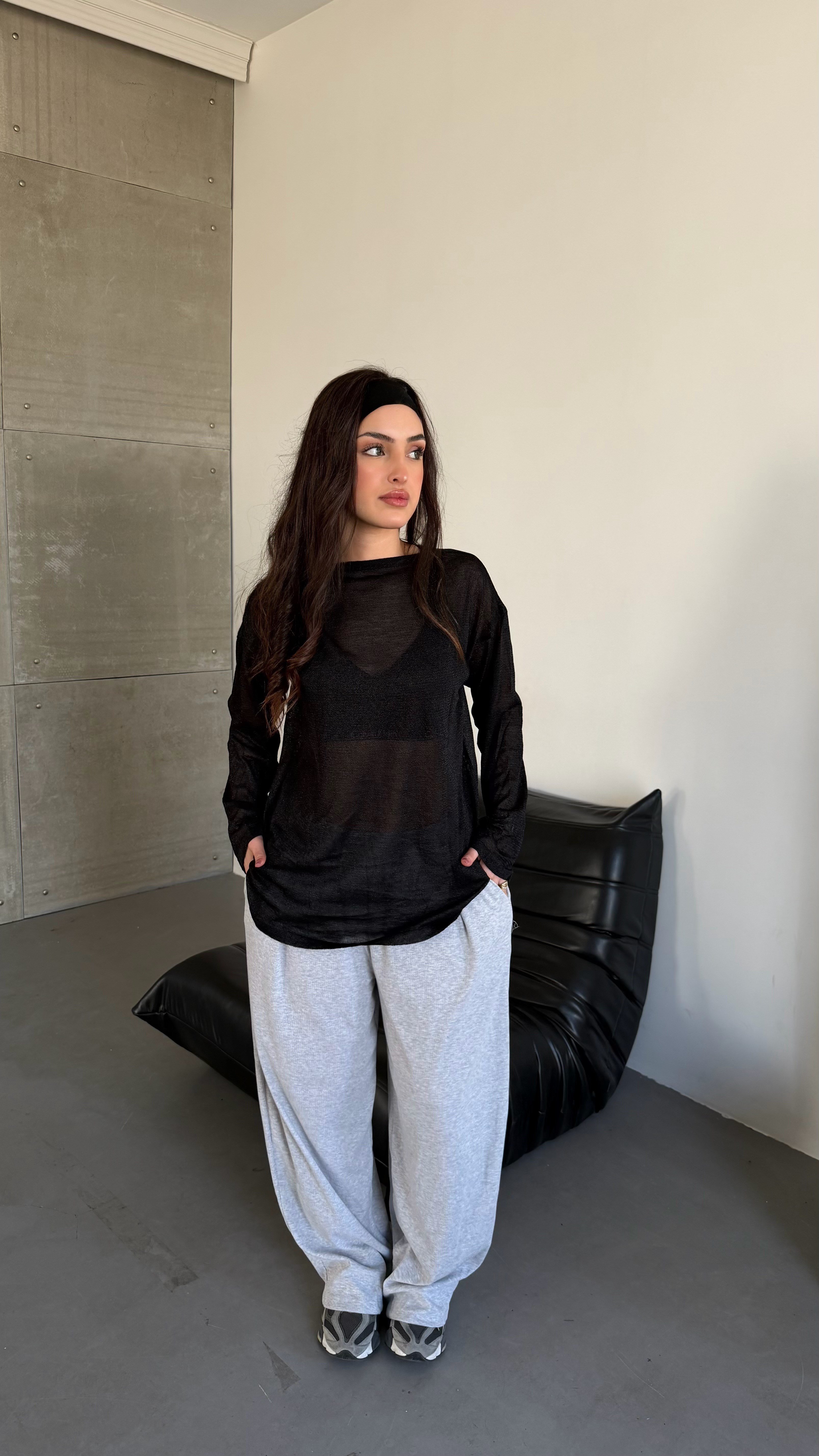 Simli Bol Oversize Oval Bluz Siyah