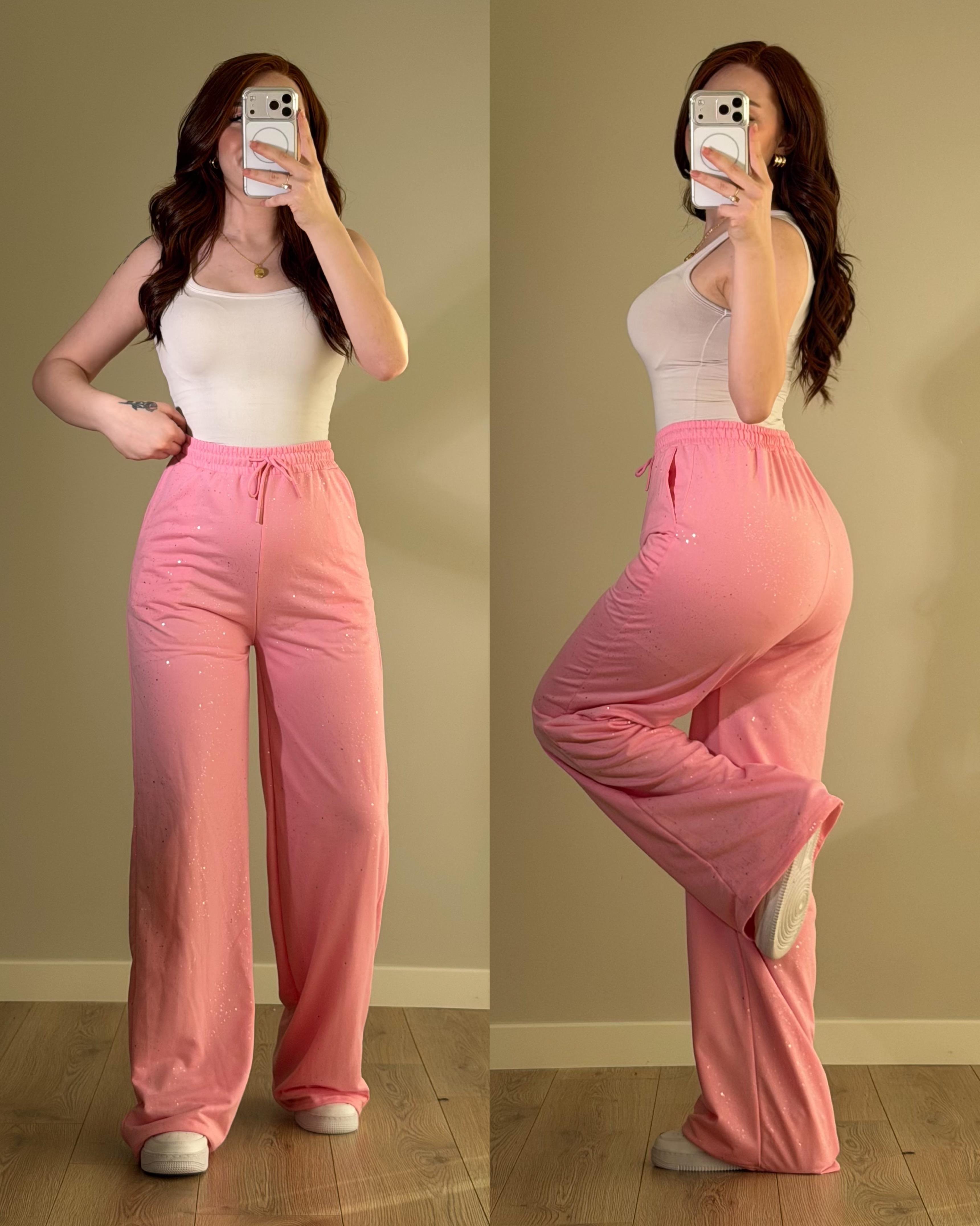 Simli Yüksek Bel Eşofman Pembe 