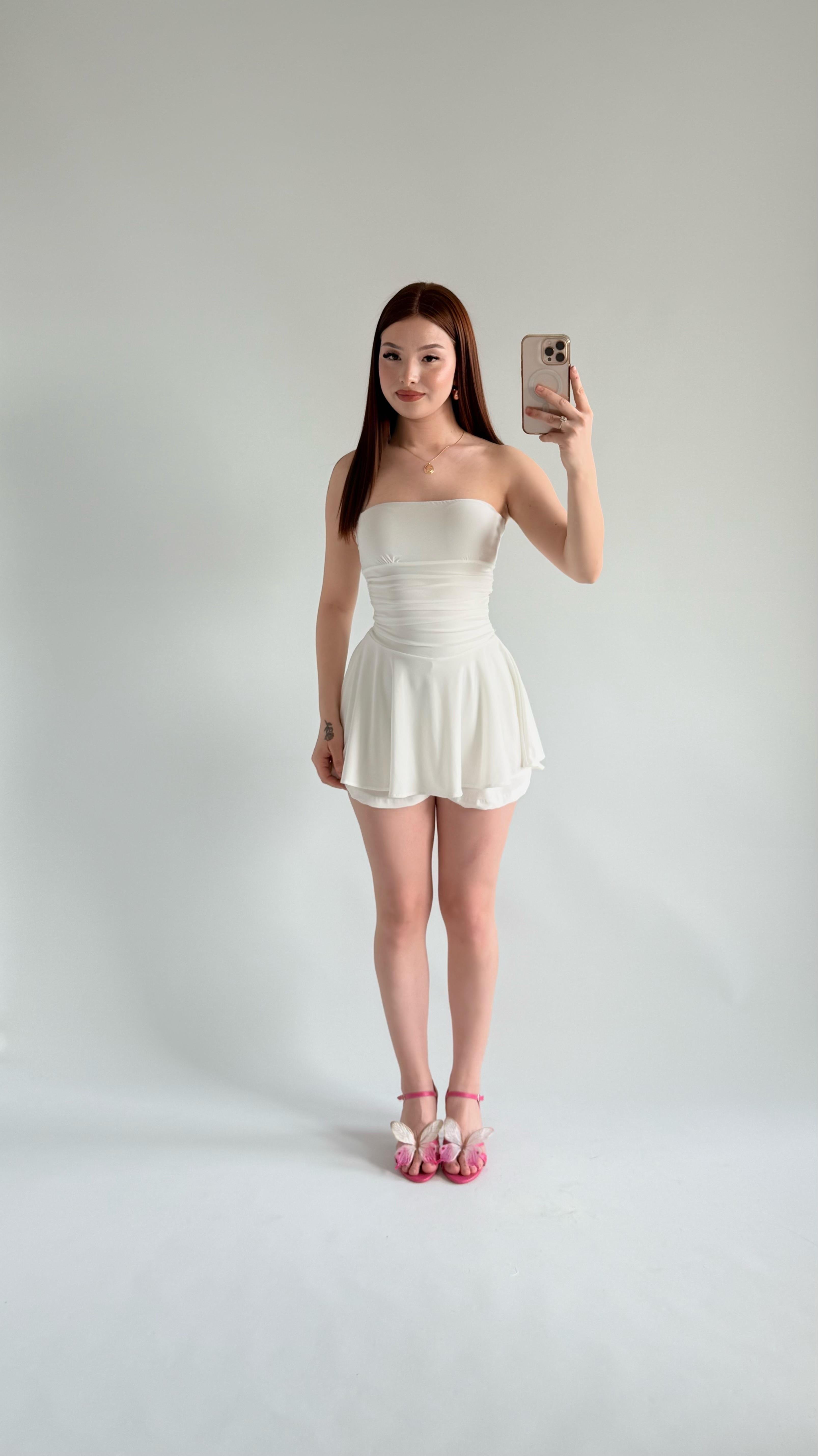 Straplez Şortlu Mini Sandy Elbise Beyaz