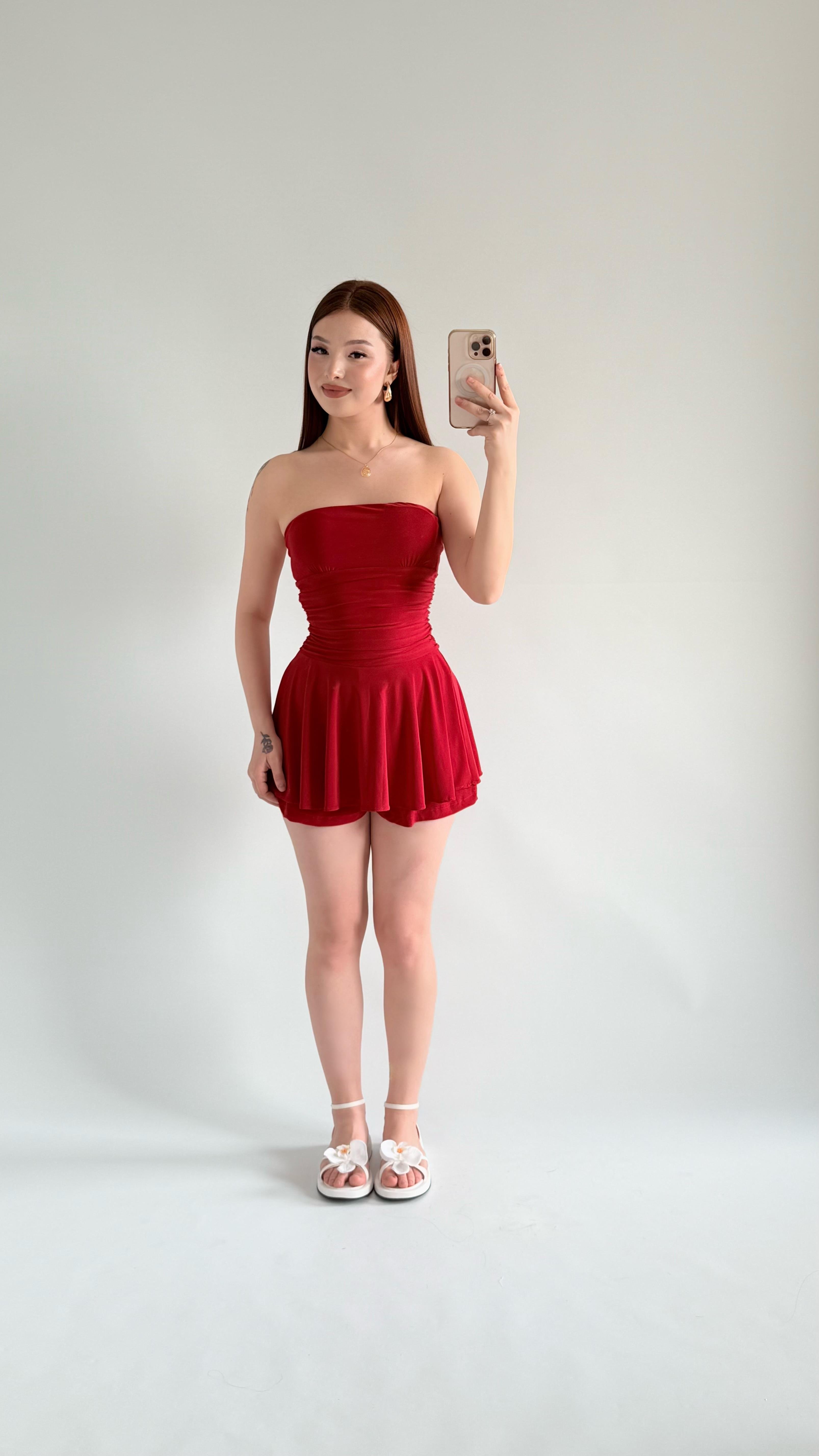Straplez Şortlu Mini Sandy Elbise Kırmızı