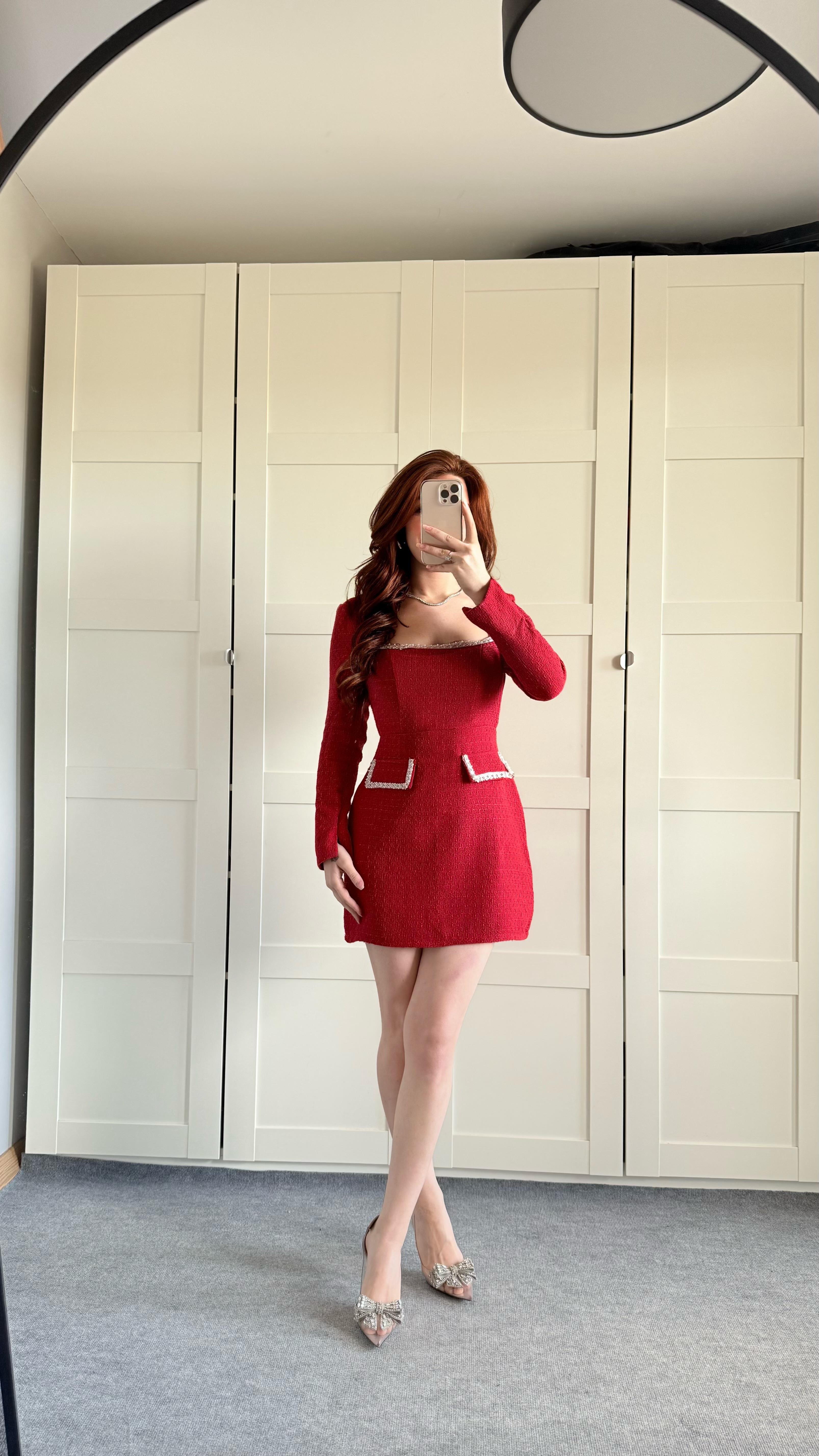 Taşlı Buklet Elbise Kırmızı
