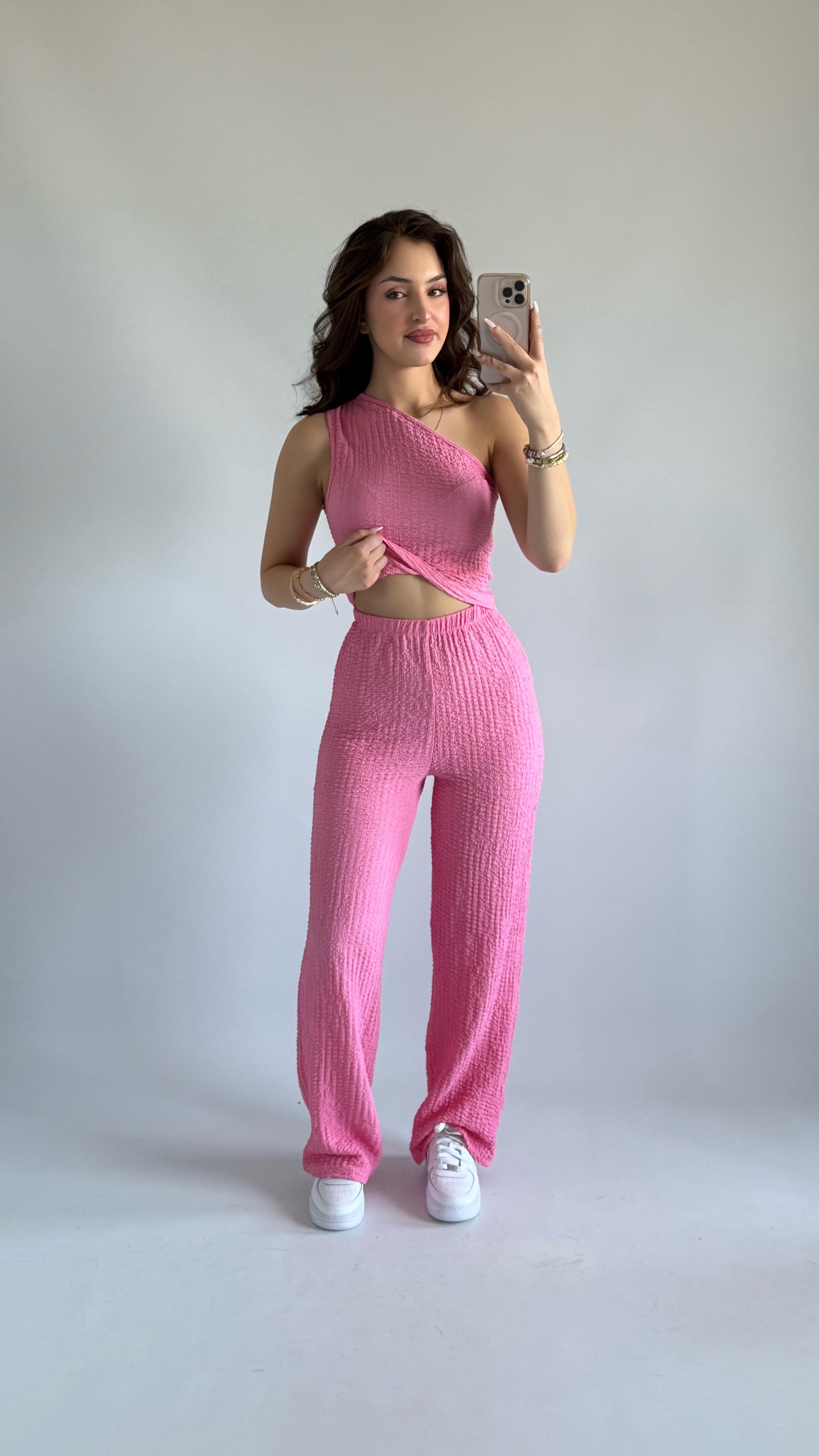 Tek Omuz Bubble İkili Takım Pembe