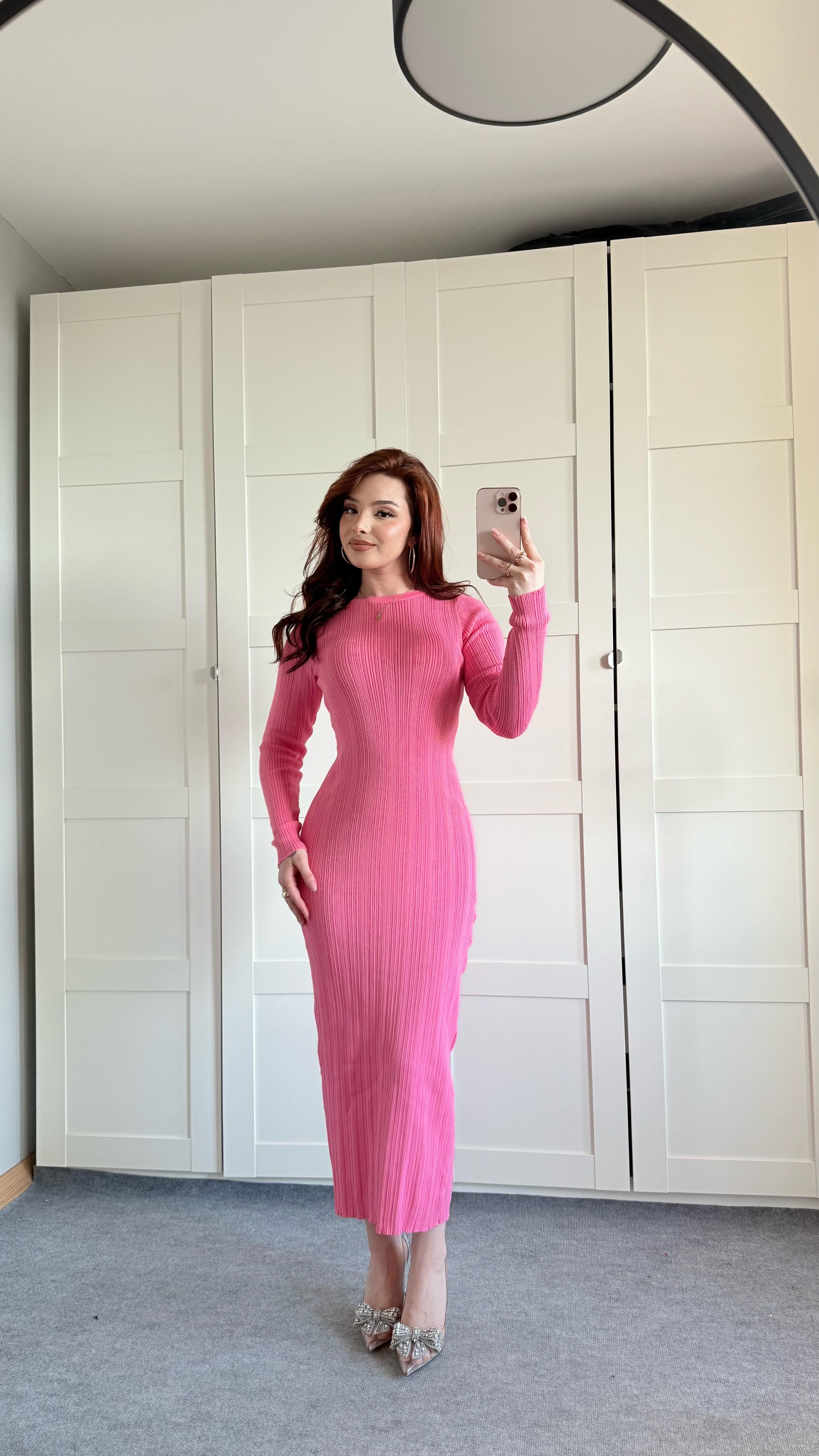 Triko Bisiklet Yaka Midi Elbise Pembe