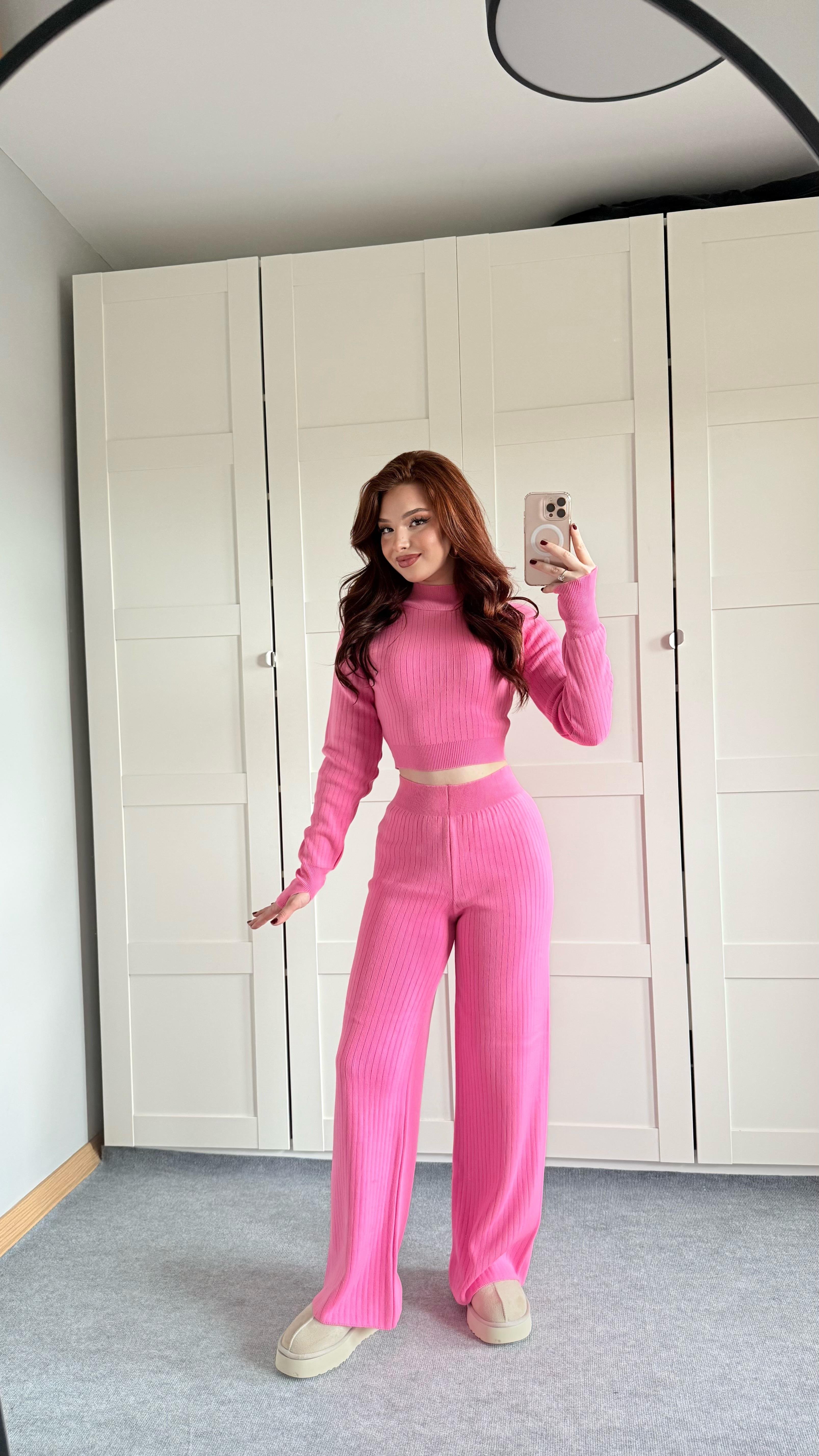 Triko Parmak Geçirmeli Takım Pembe