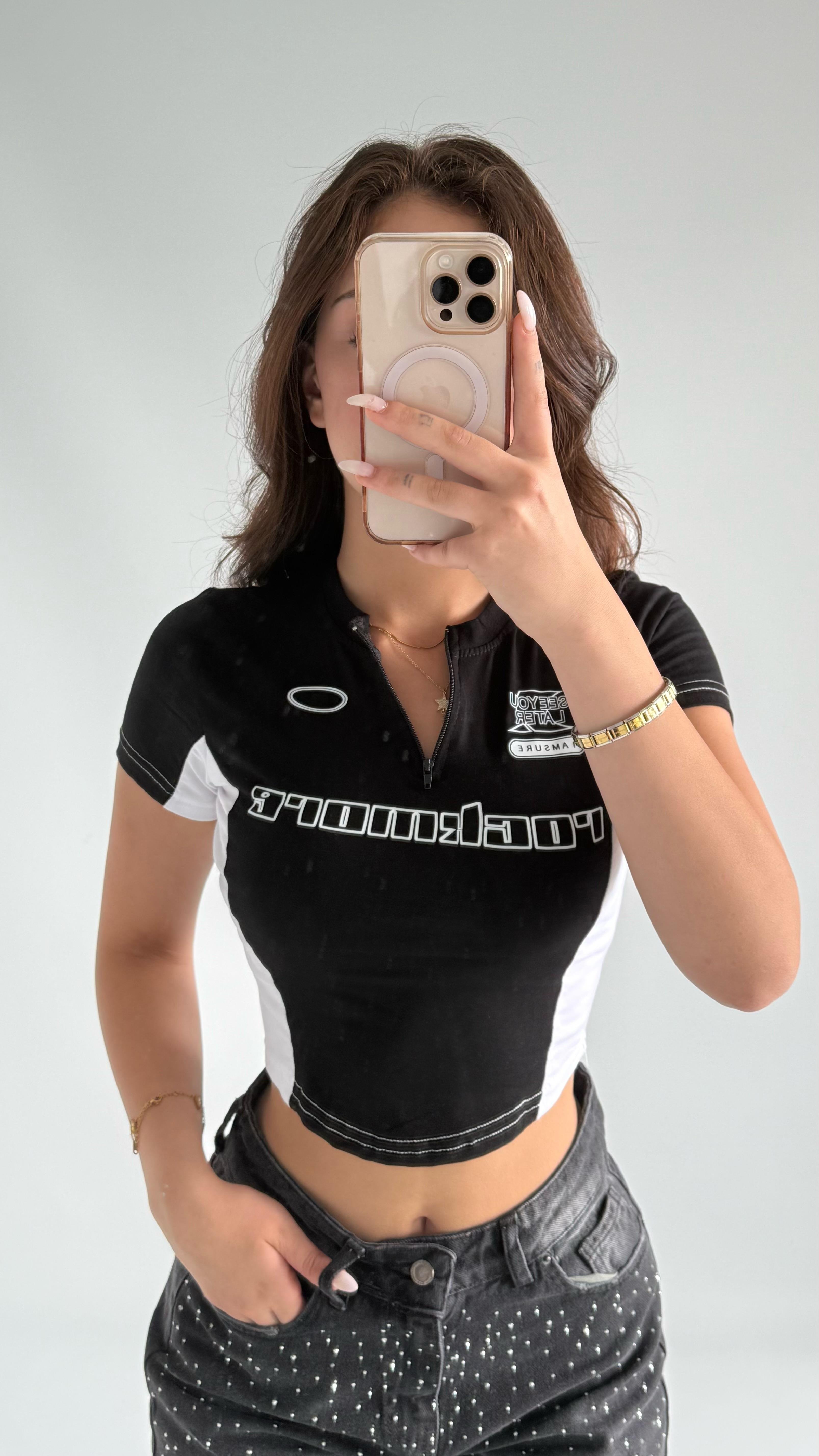 Tusubasa Fermuarlı Crop Siyah