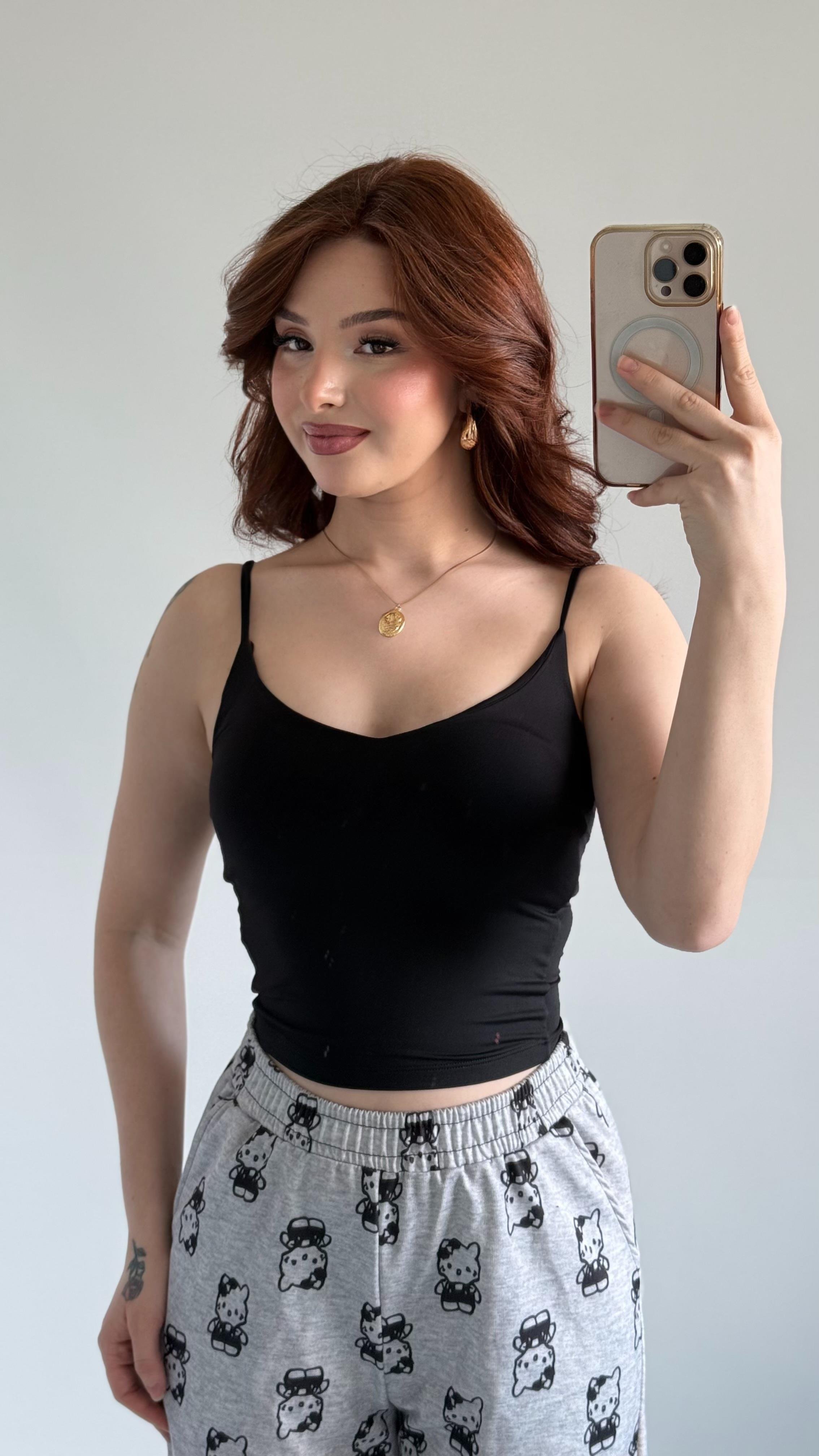 V Yaka Polyamid Crop Siyah