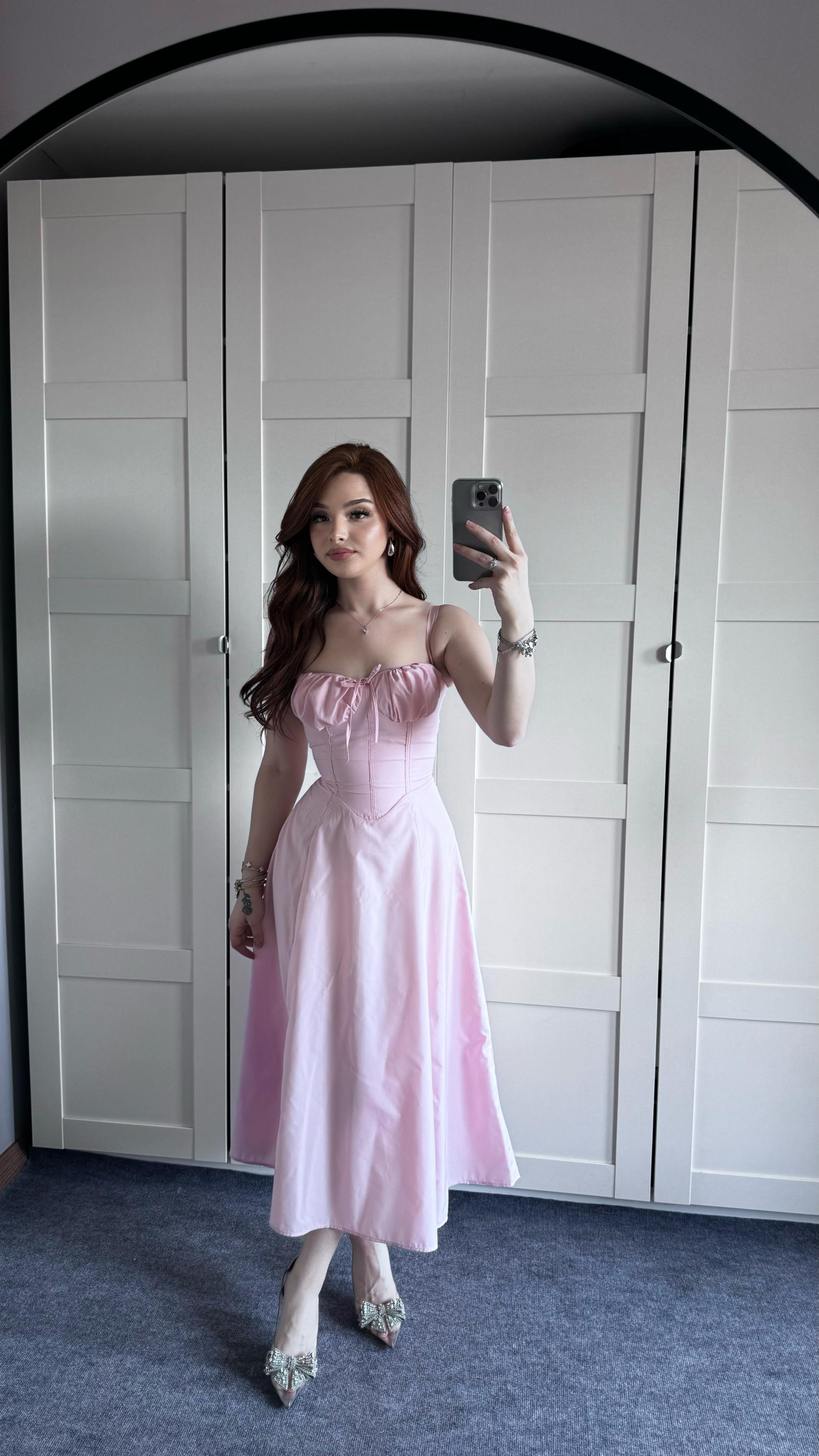Veronica Pembe Korse Askılı Elbise 