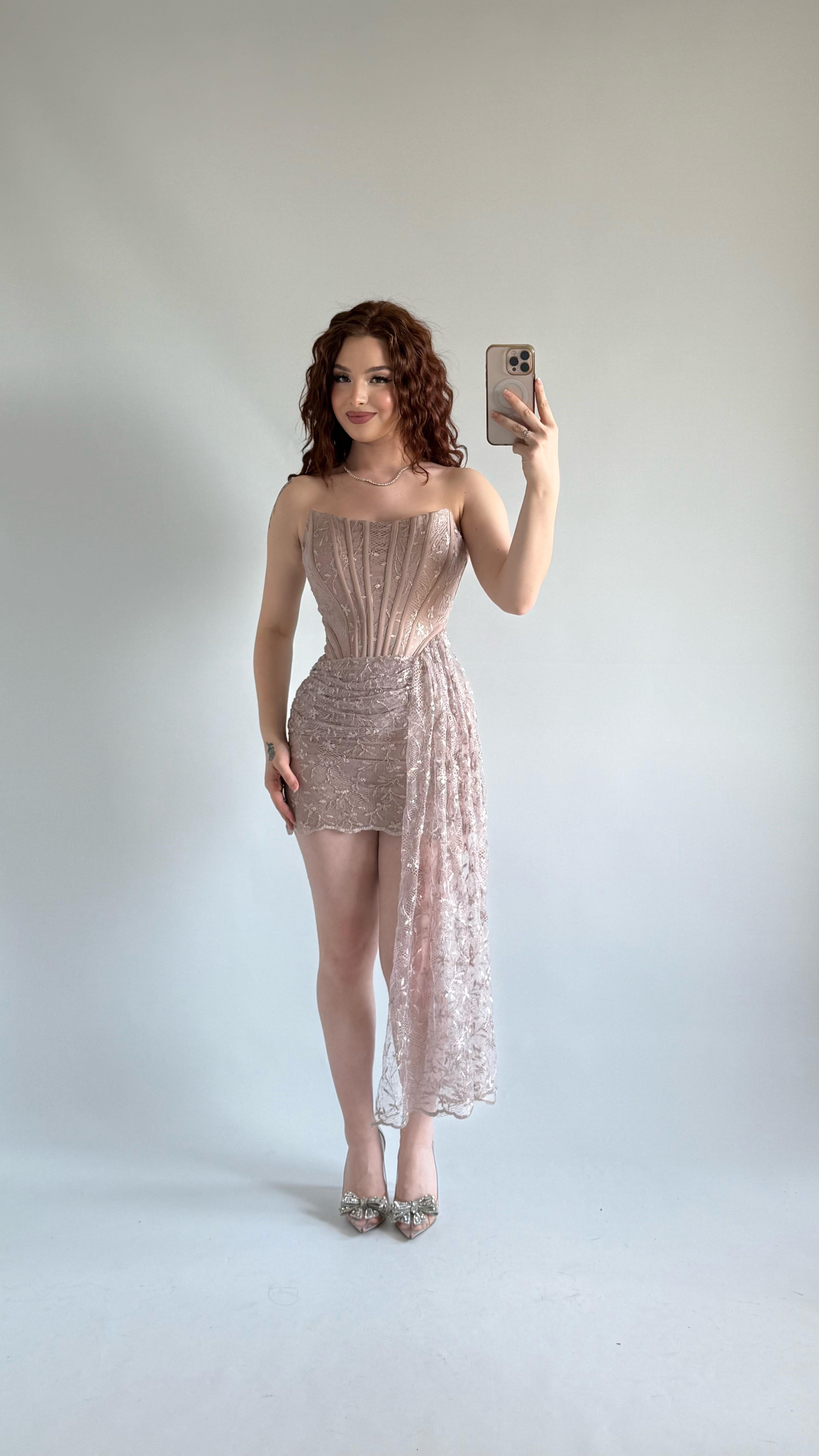 Victoria Dantel Mini Abiye Bej
