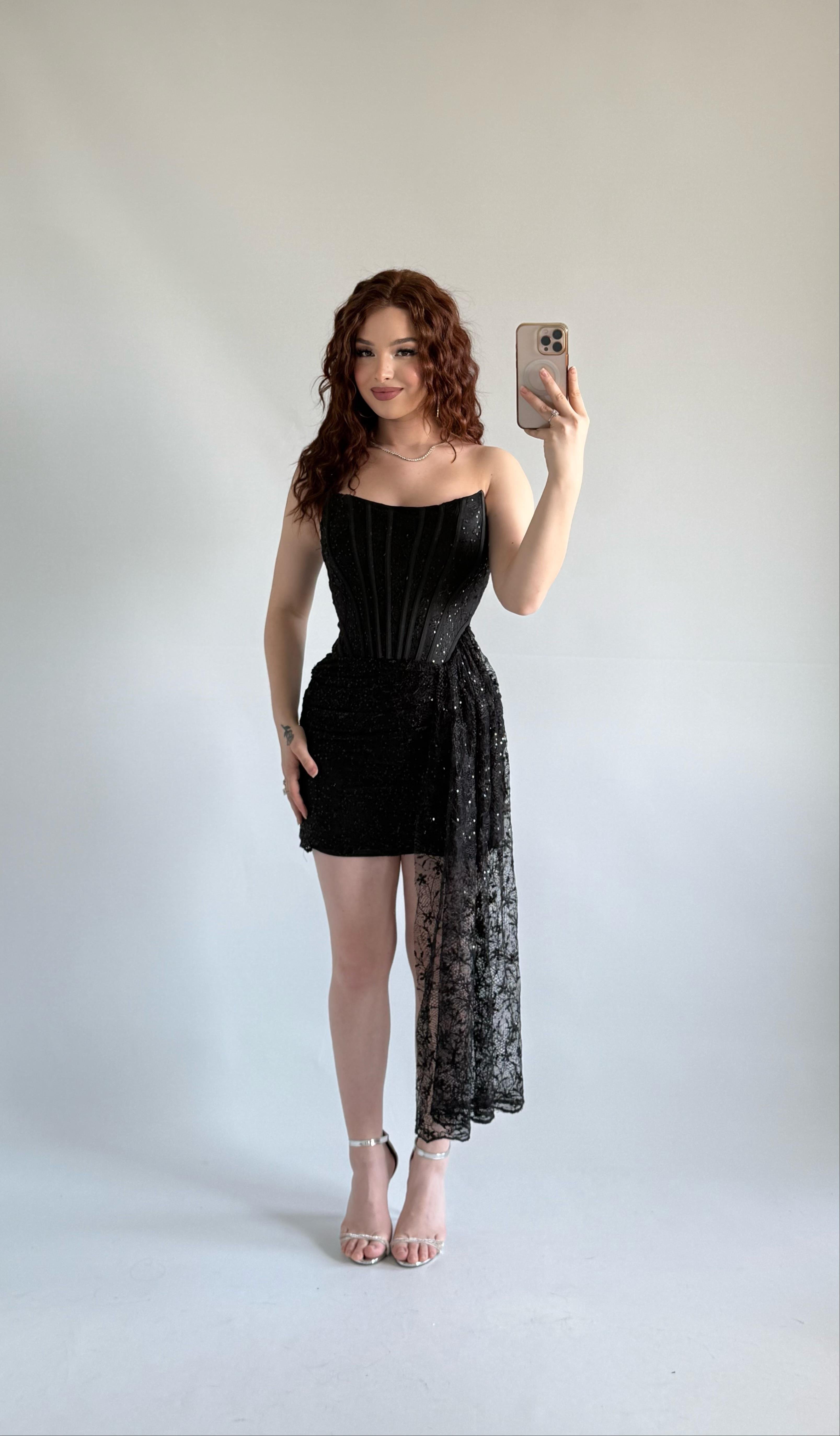 Victoria Dantel Mini Abiye Siyah