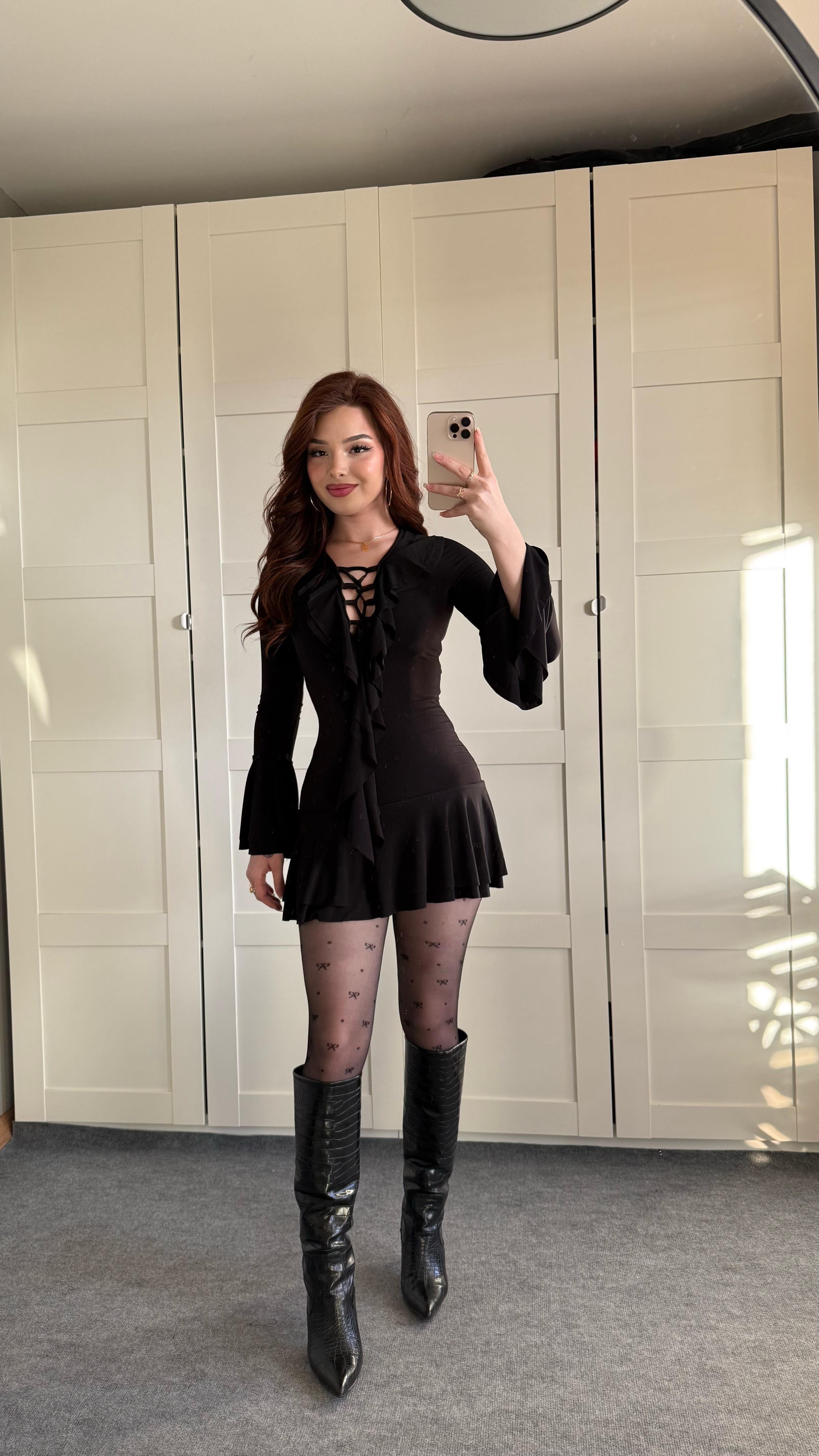 Volanlı Sandy Elbise Siyah 