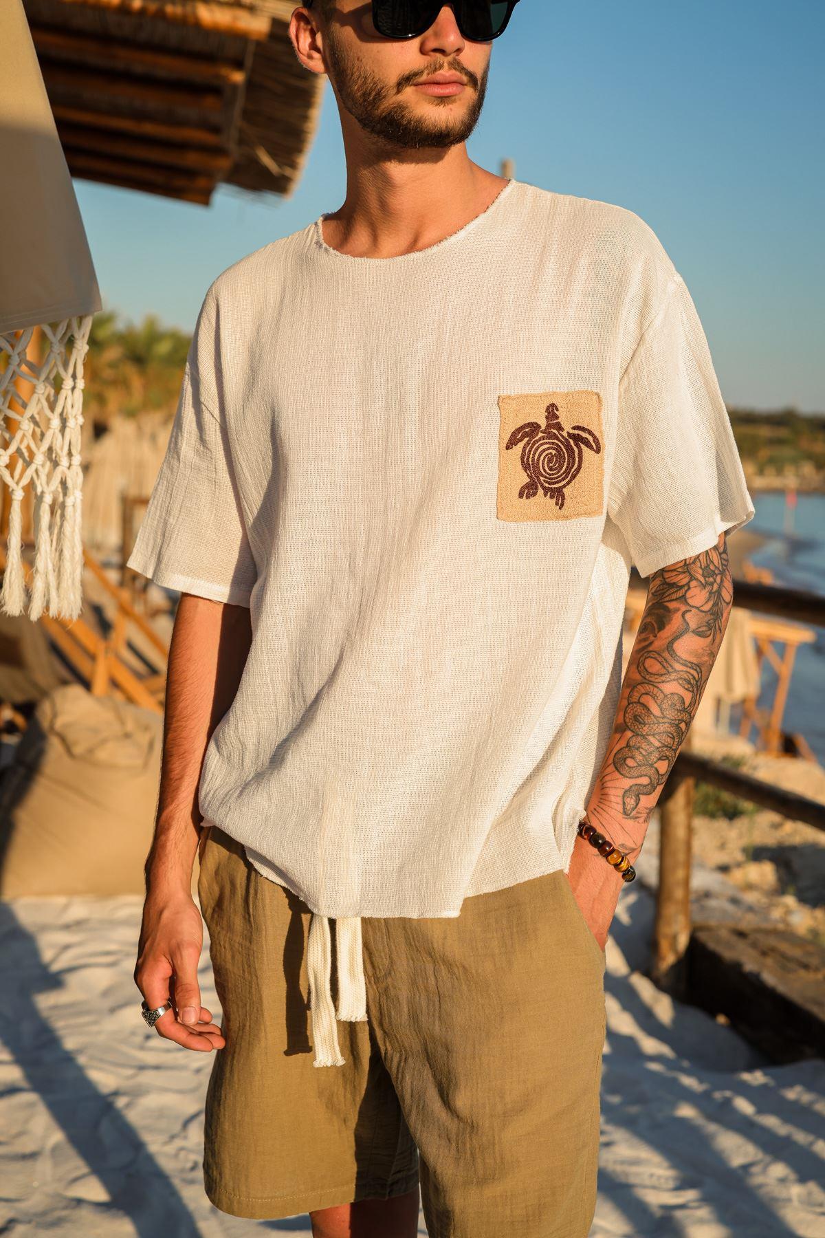 Kaplumbağa Logolu %100 Pamuk Oversize T-Shirt - Bej