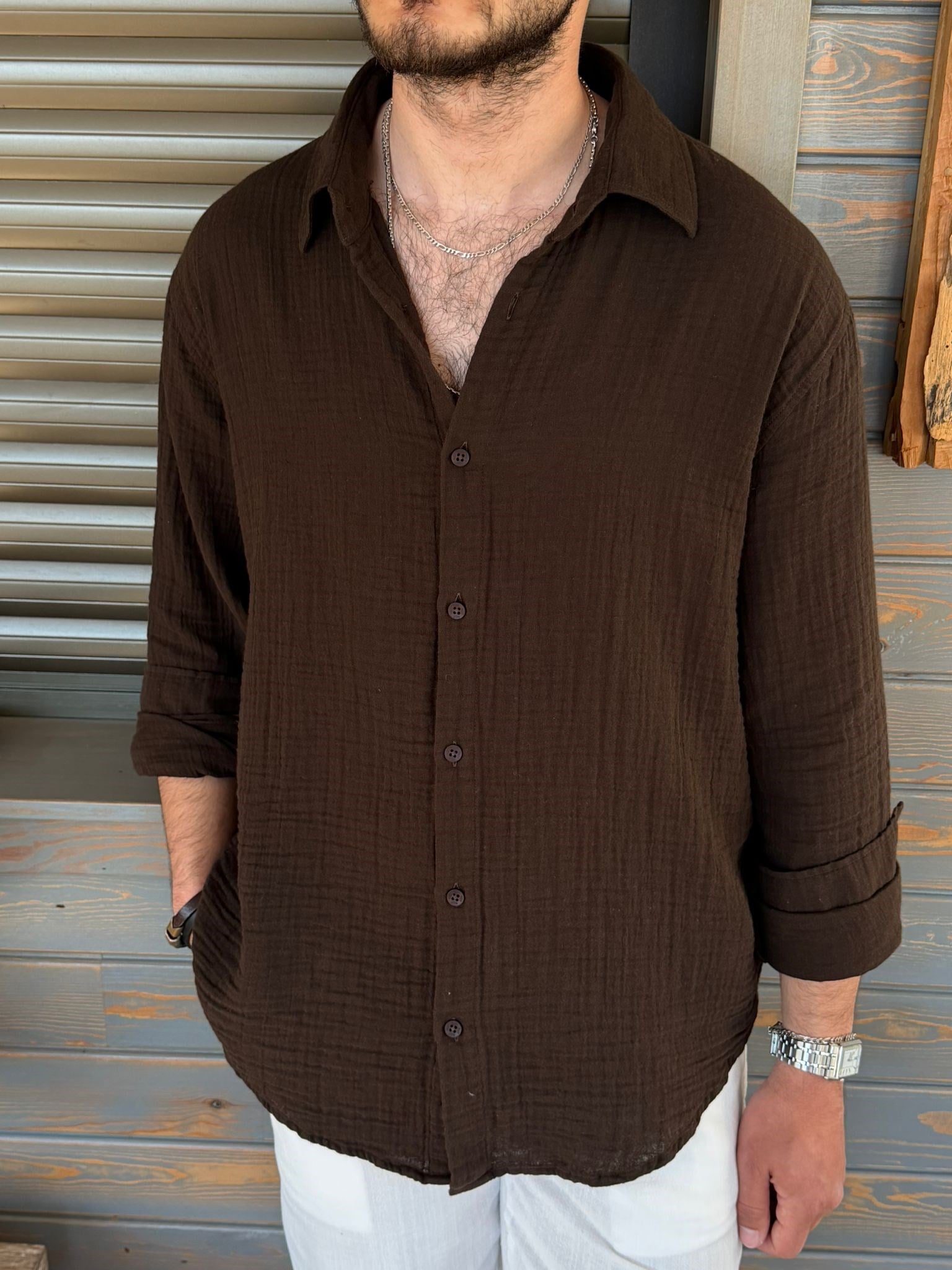 Mikonos Cep Detaylı Basic Müslin Gömlek