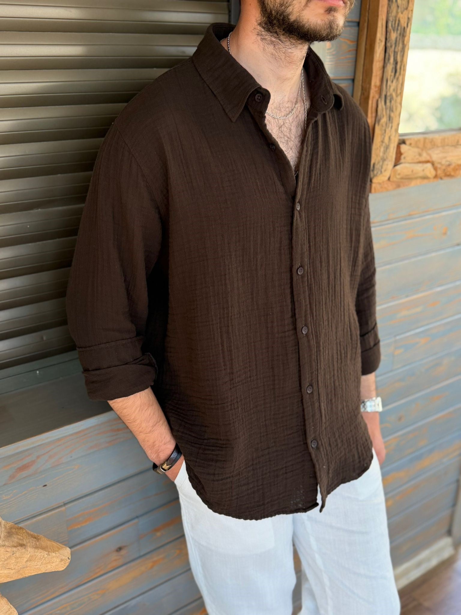 Mikonos Cep Detaylı Basic Müslin Gömlek