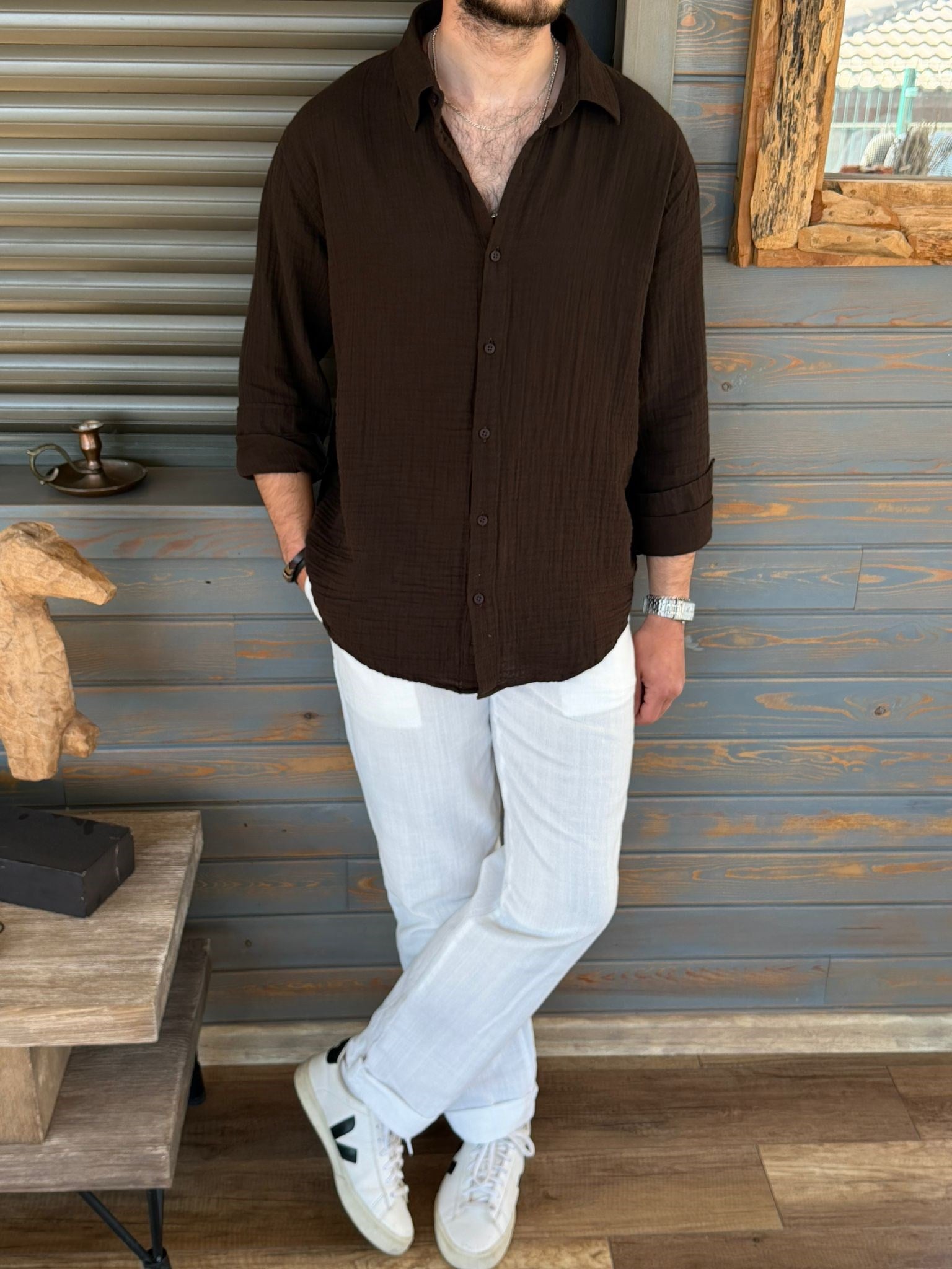 Mikonos Cep Detaylı Basic Müslin Gömlek