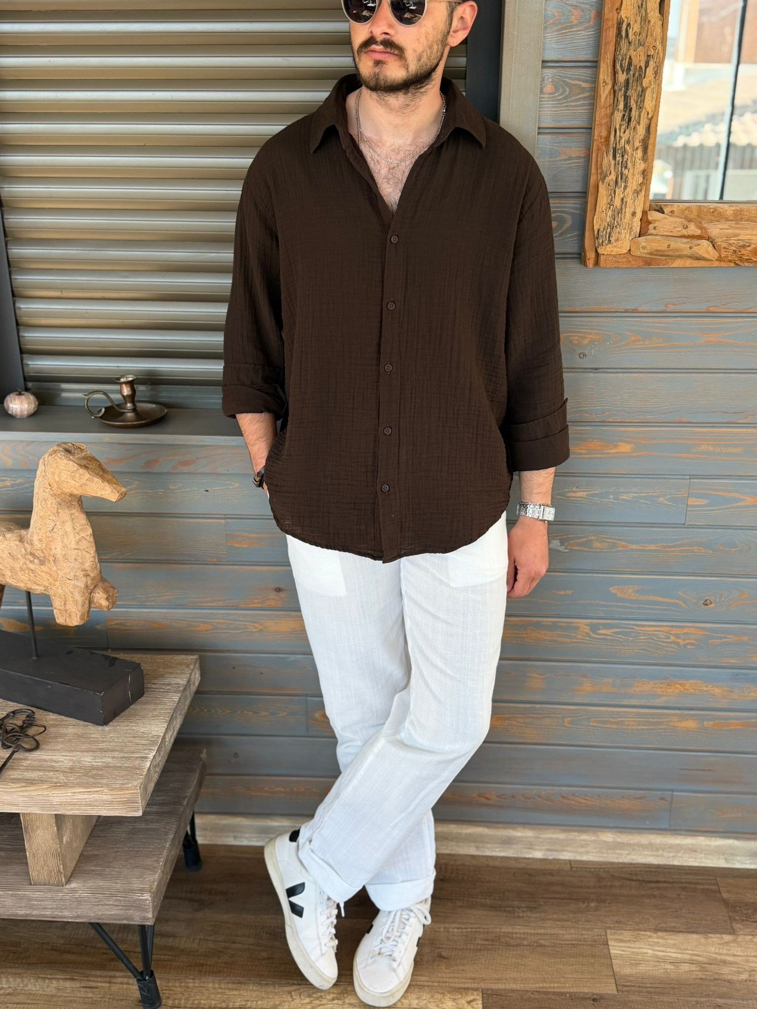 Mikonos Cep Detaylı Basic Müslin Gömlek