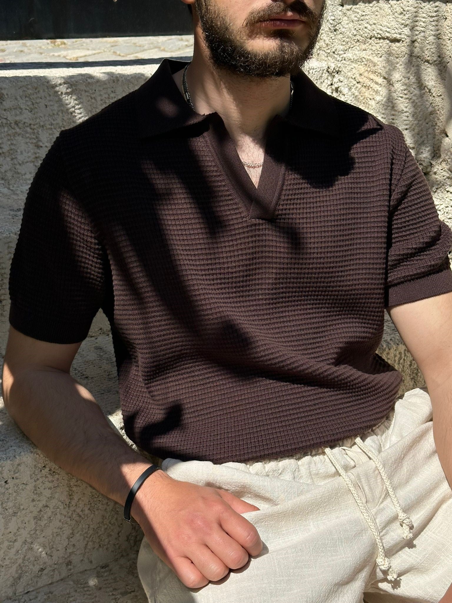 Pirinç Örme Yakalı Triko T-Shirt