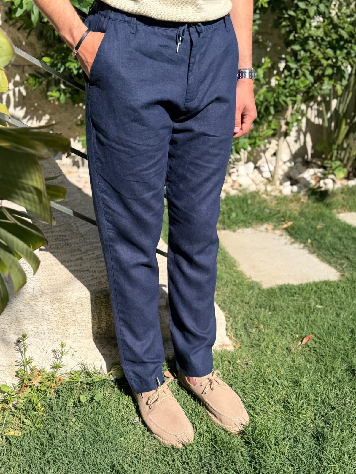 Saf Keten Beli Lastikli İpli Pantolon
