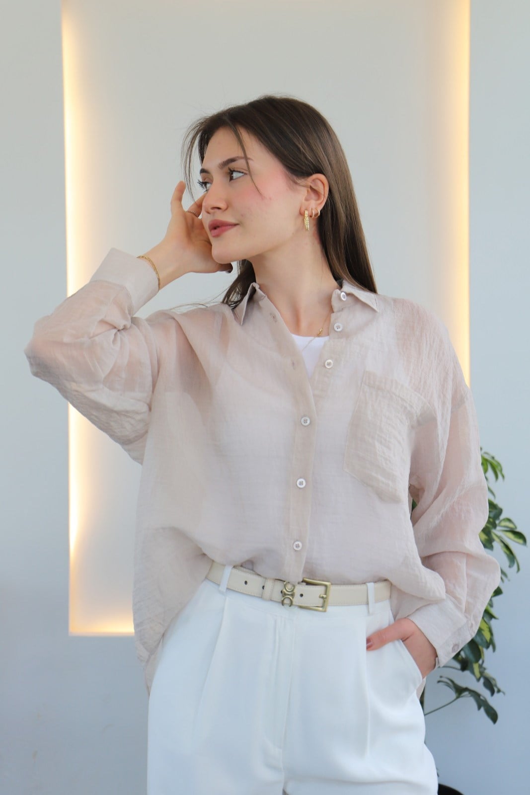 Basic Transparan  Gömlek - Bej