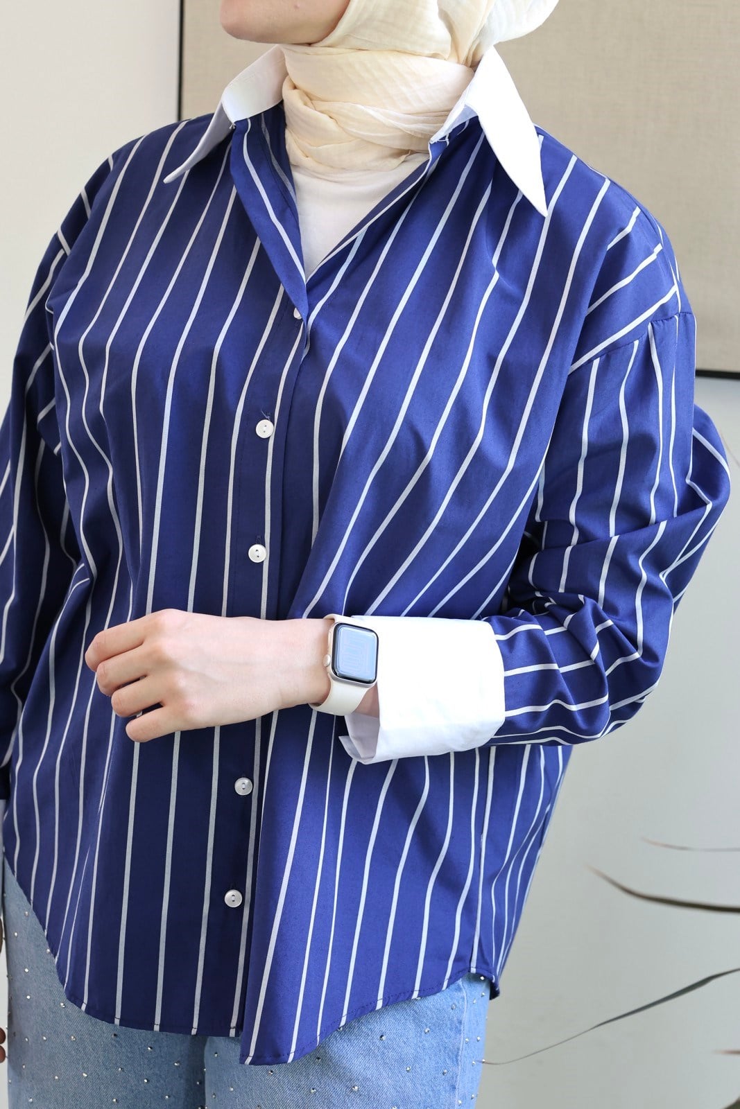 Manşetli Çizgili Oversize Gömlek - Lacivert