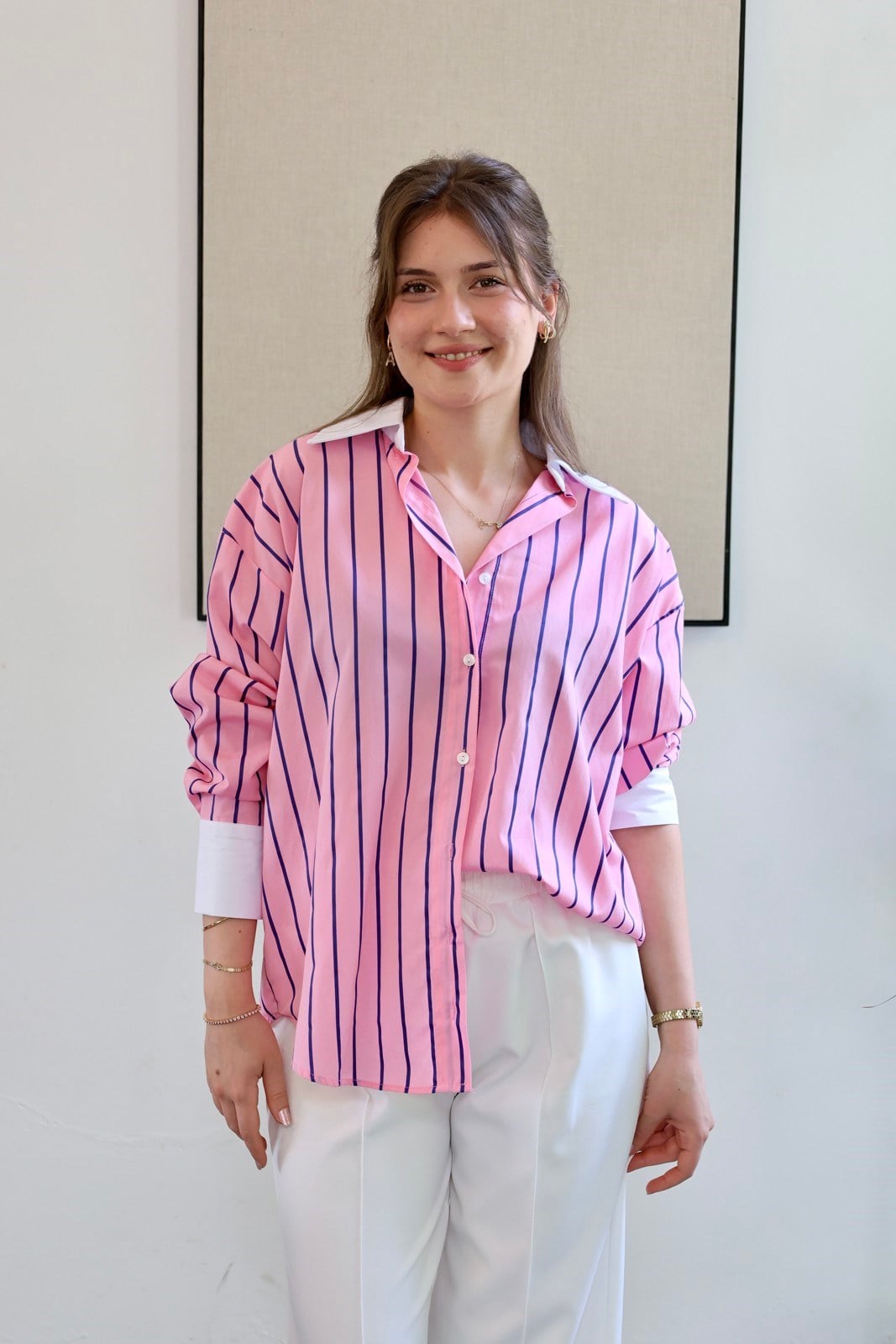 Manşetli Çizgili Oversize Gömlek - Pembe