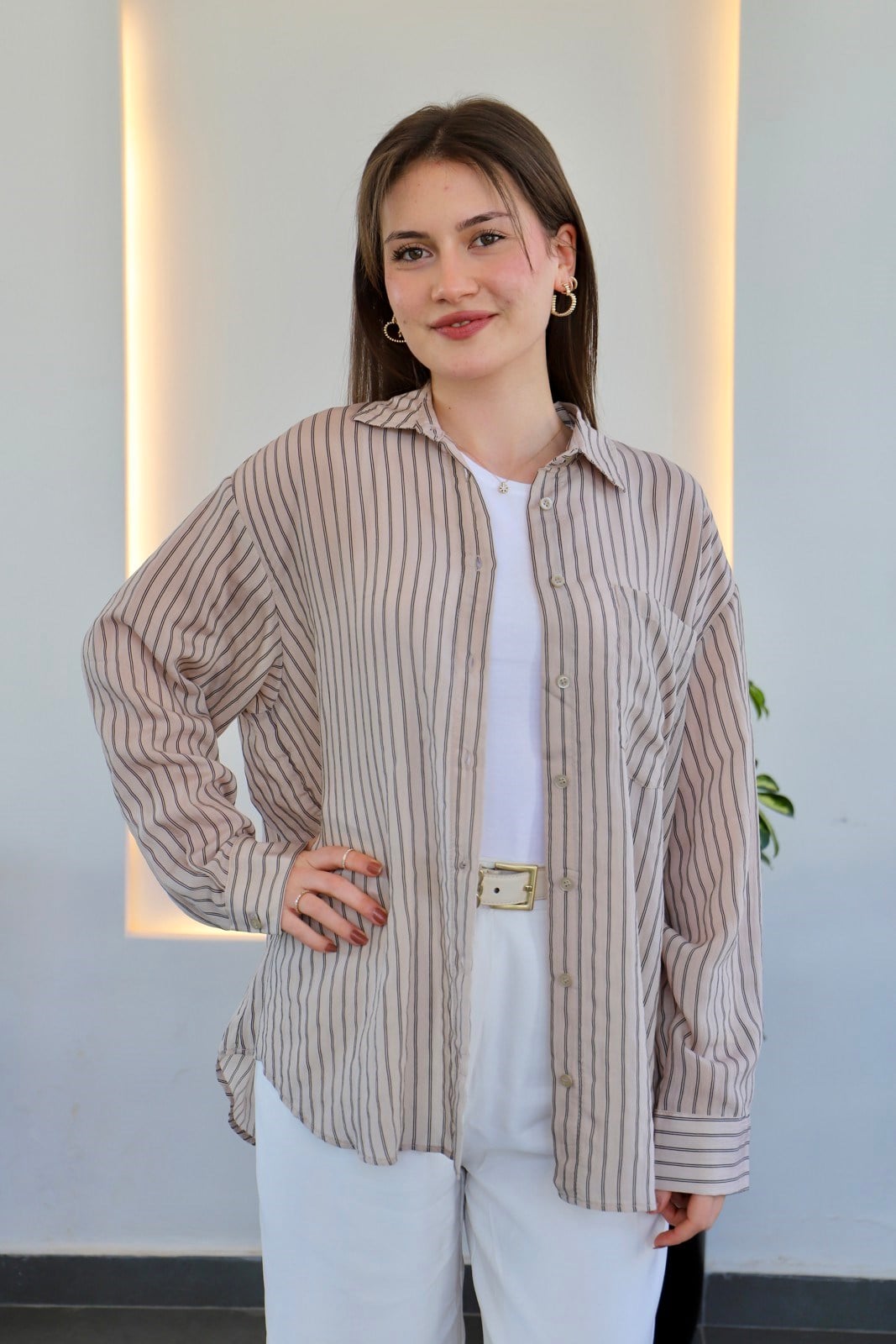 Oversize Vizon Çizgili Gömlek