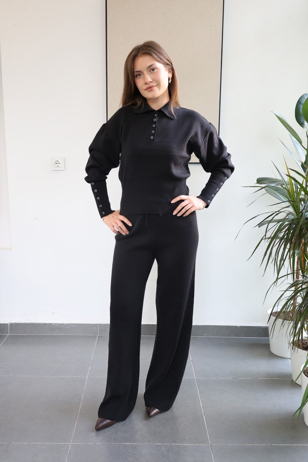 Polo Yaka Çıtçıt Detay Triko  Takım